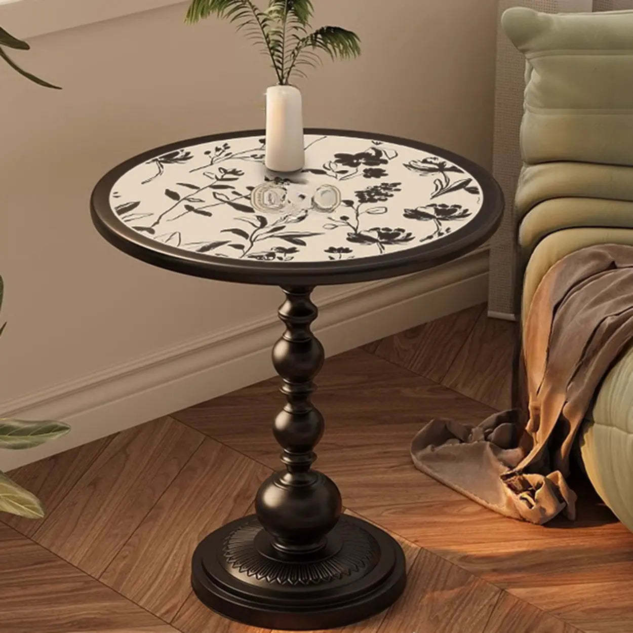Mid-Century Modern Black Wood Pedestal Side Table