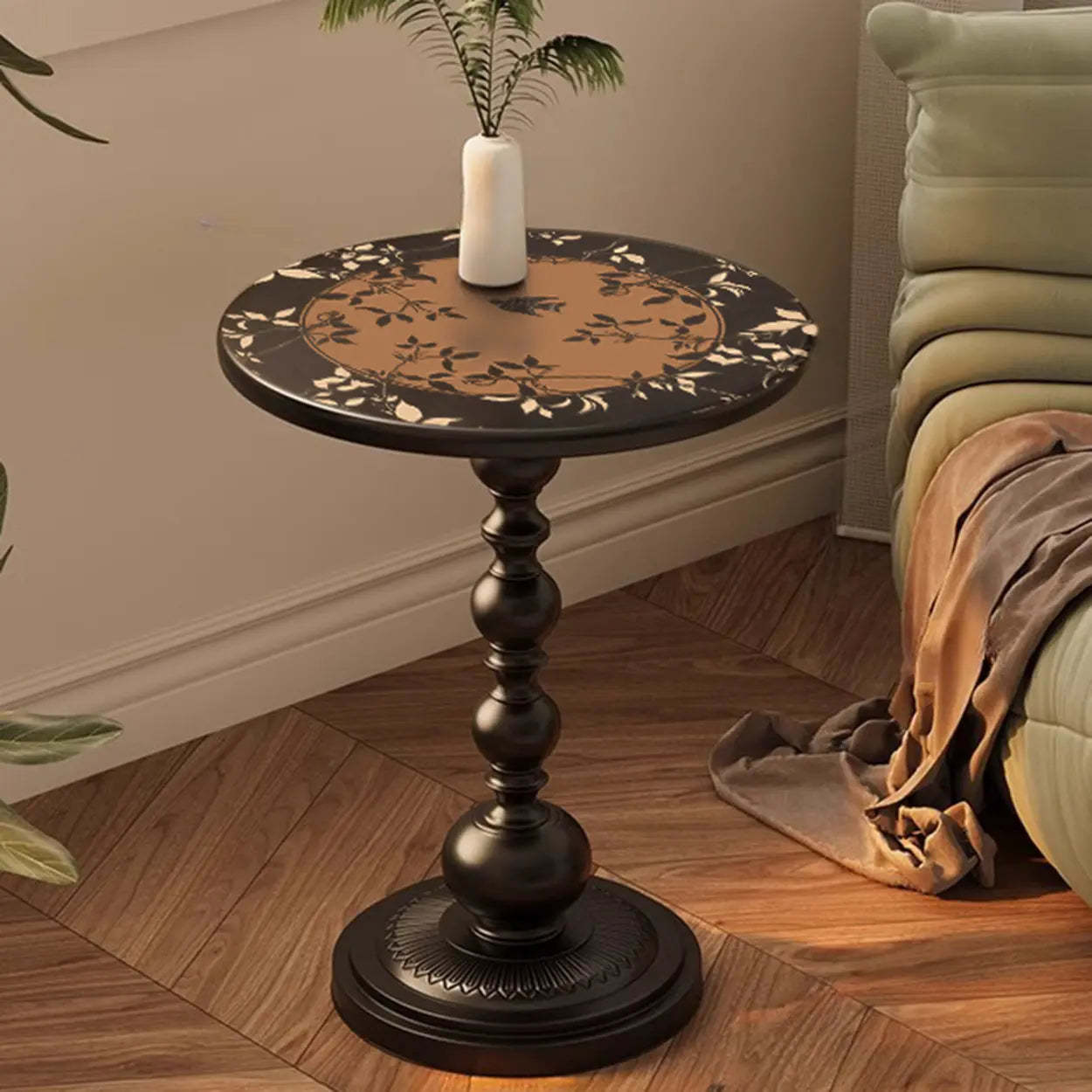 Mid-Century Modern Black Wood Pedestal Side Table