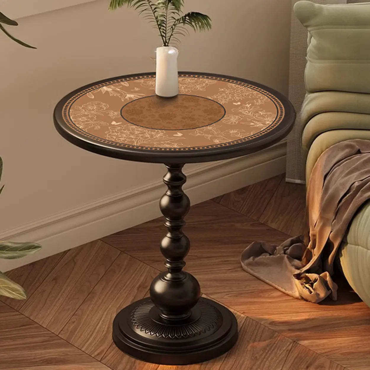 Mid-Century Modern Black Wood Pedestal Side Table