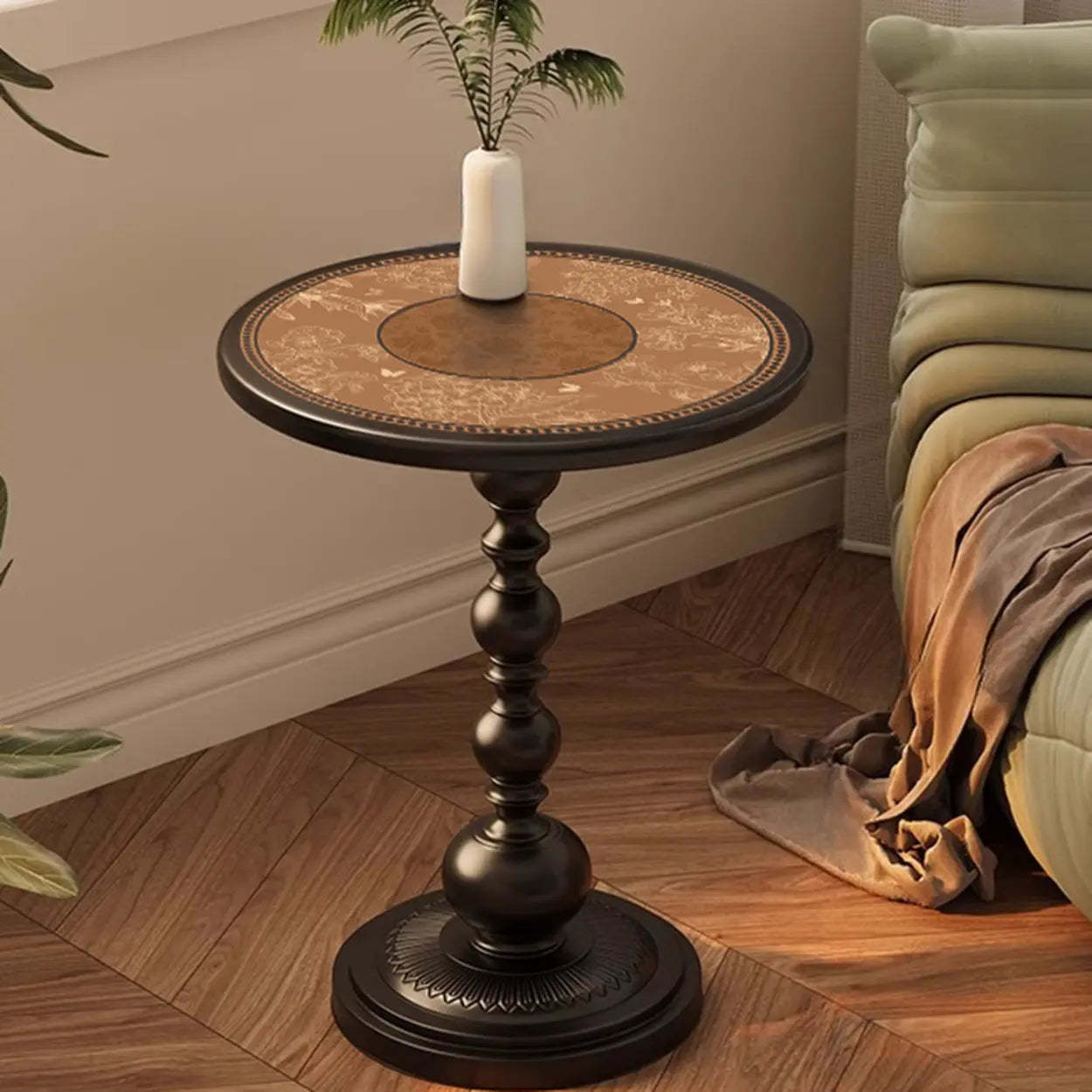 Mid-Century Modern Black Wood Pedestal Side Table