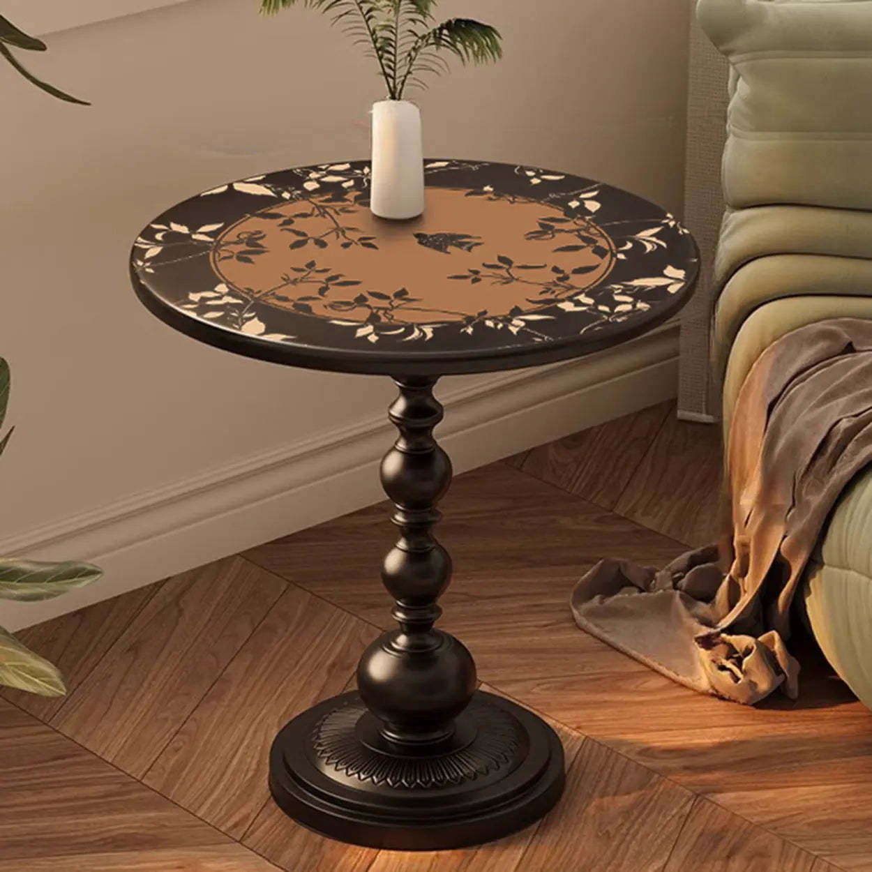 Mid-Century Modern Black Wood Pedestal Side Table