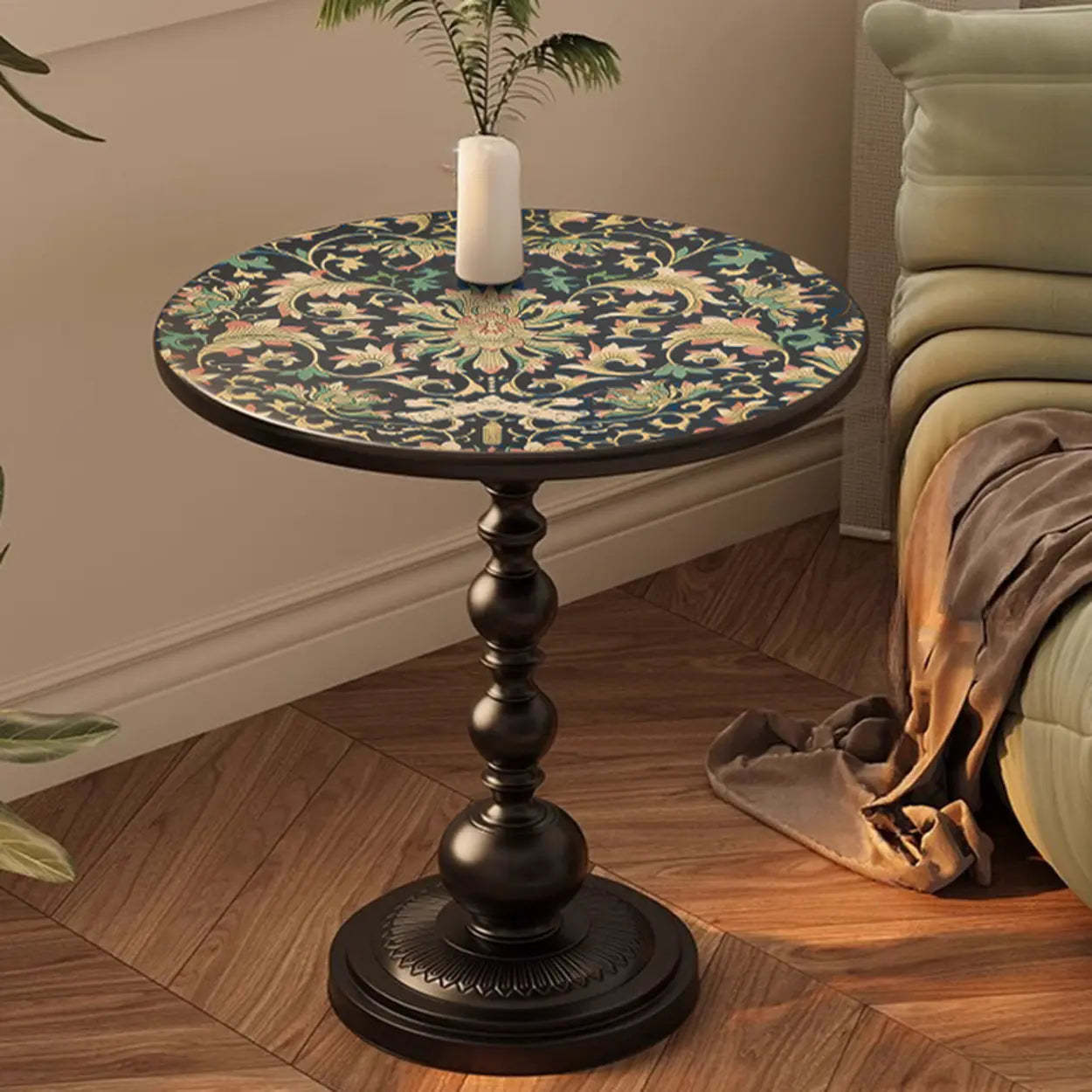 Mid-Century Modern Black Wood Pedestal Side Table