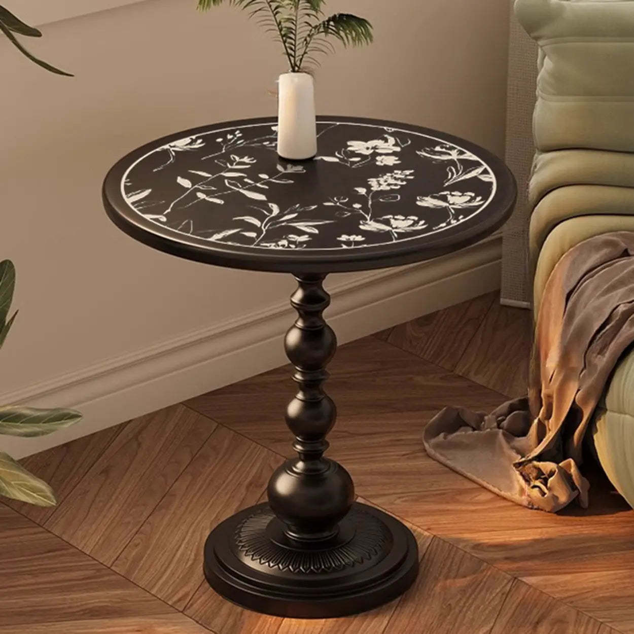 Mid-Century Modern Black Wood Pedestal Side Table