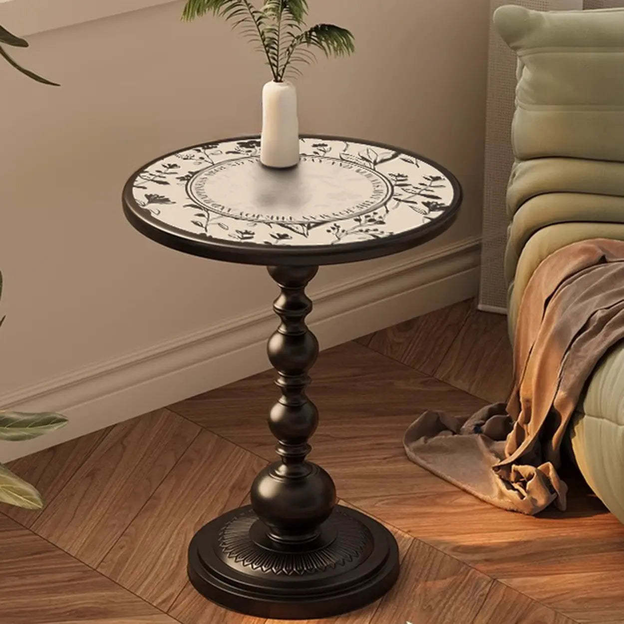 Mid-Century Modern Black Wood Pedestal Side Table — Black