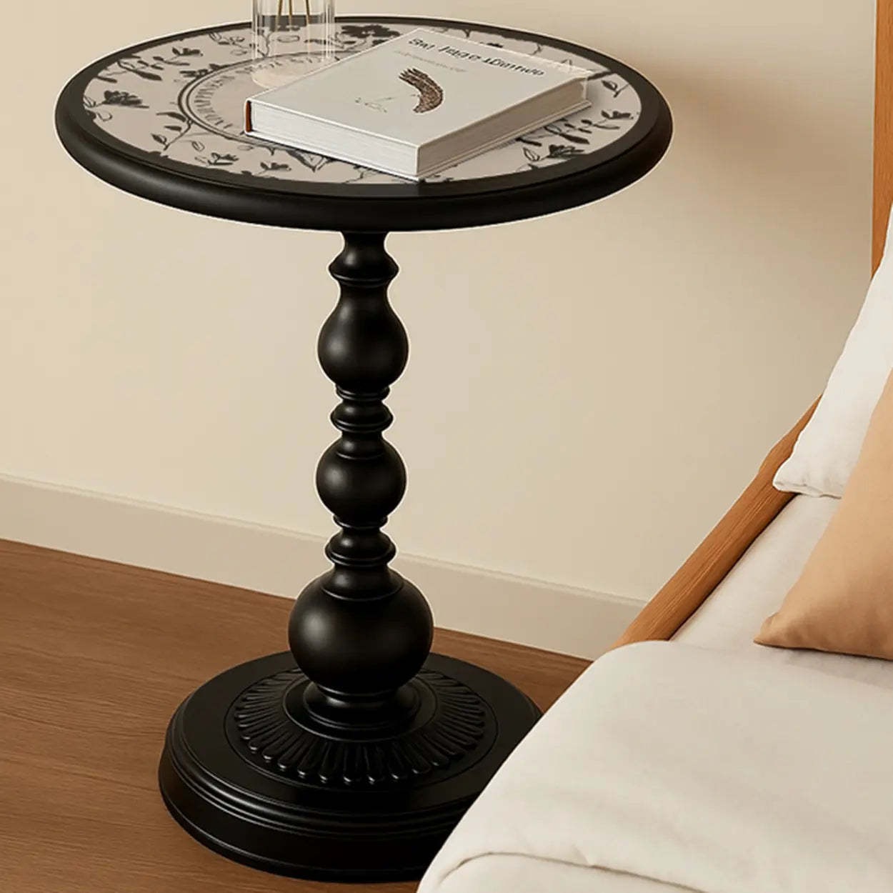 Mid-Century Modern Black Wood Pedestal Side Table — Black-White
