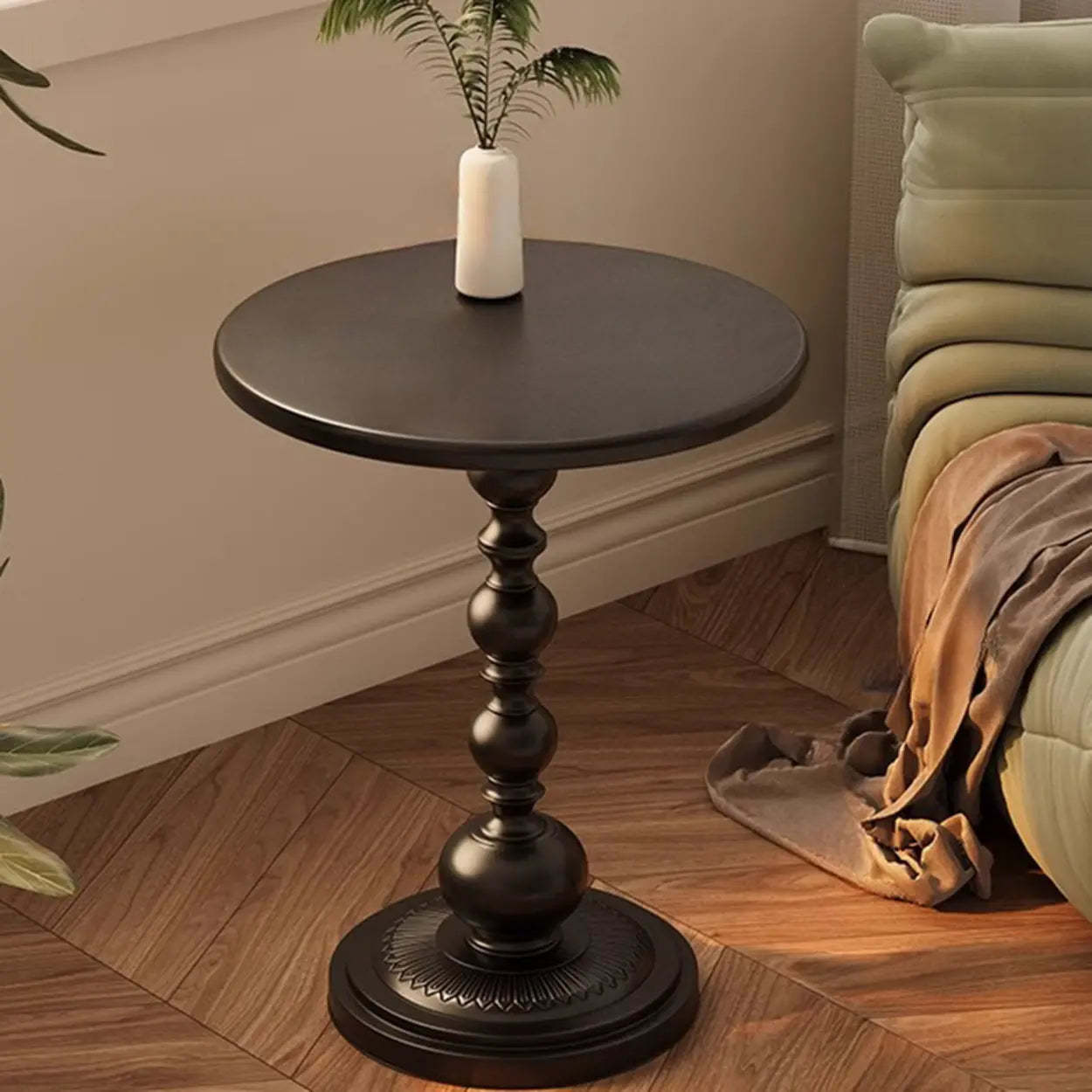 Mid-Century Modern Black Wood Pedestal Side Table — Black-Yellow