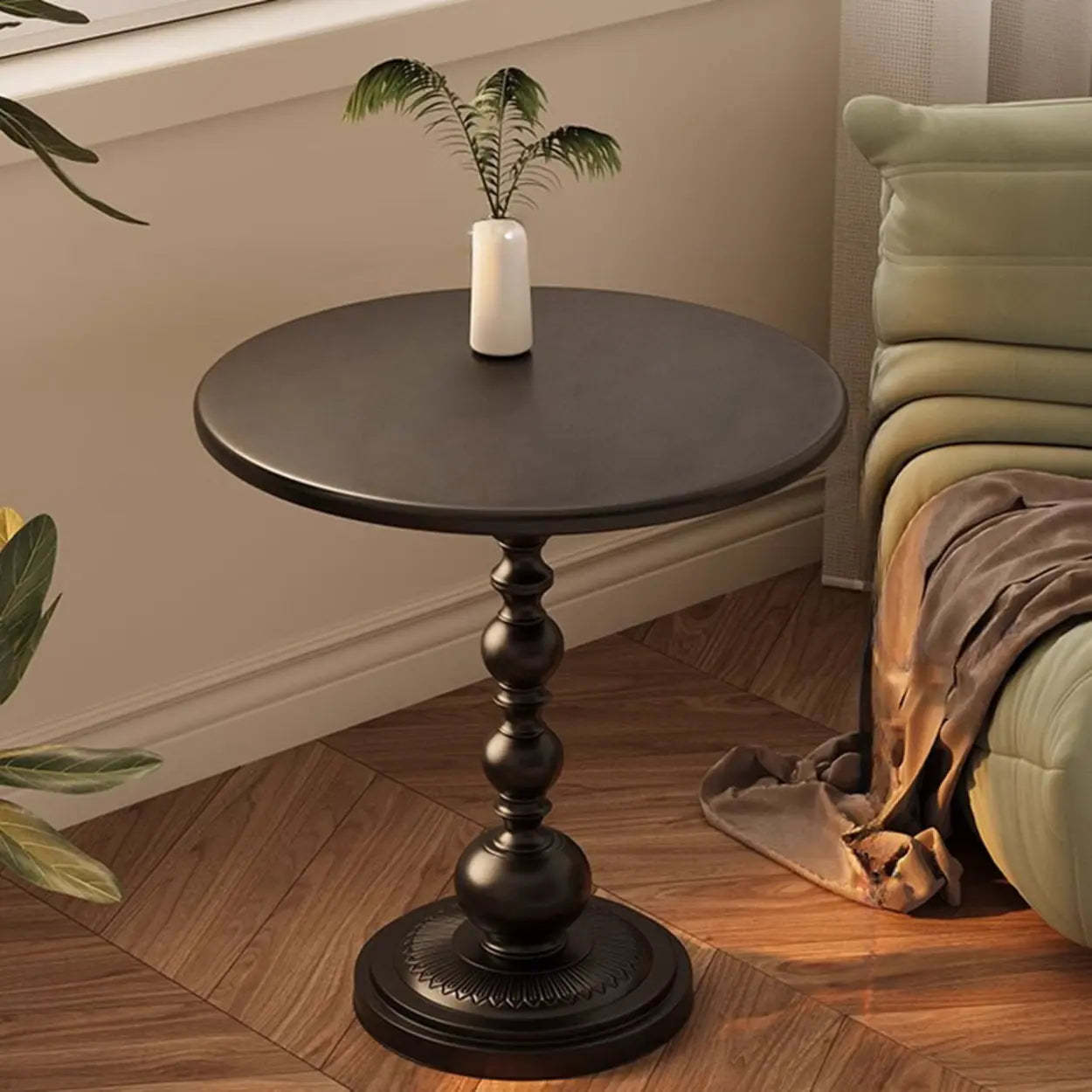Mid-Century Modern Black Wood Pedestal Side Table — Black-Brown