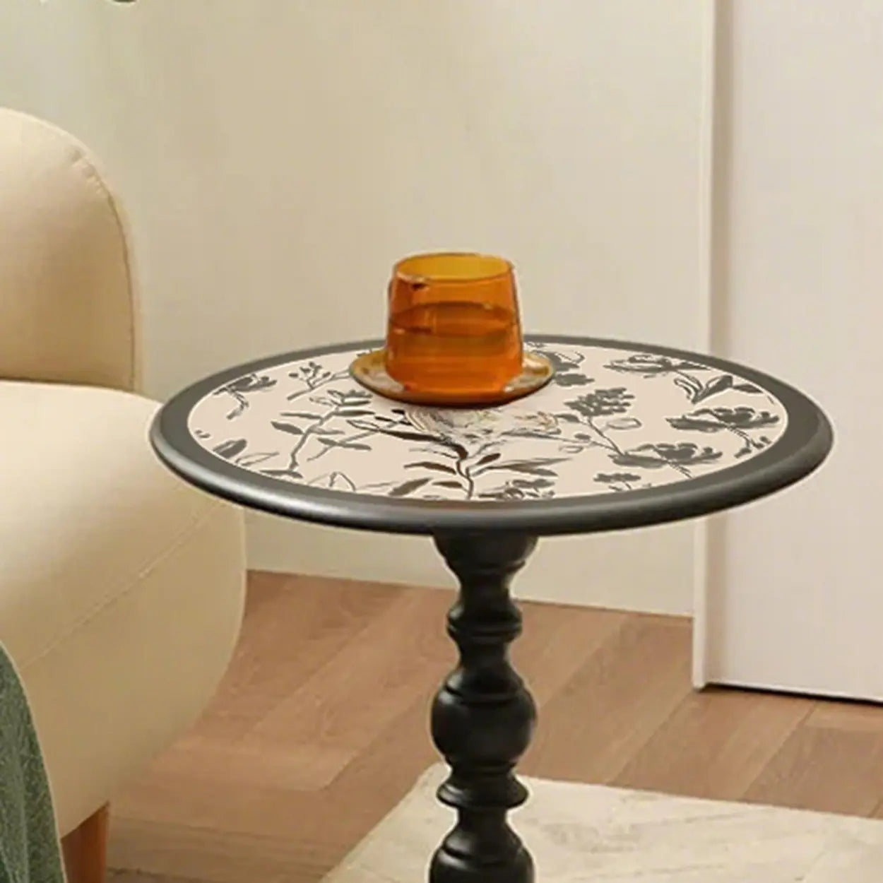 Mid-Century Modern Black Wood Pedestal Side Table — Black and White