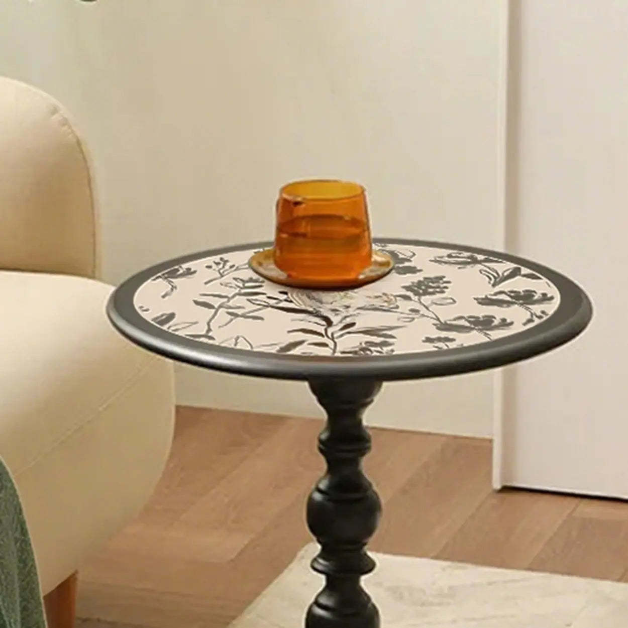 Mid-Century Modern Black Wood Pedestal Side Table — Black and White