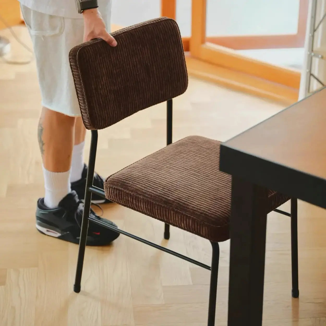Mid-Century Brown Corduroy Upholstered Dining Chair — 2 Piece Set / Brown