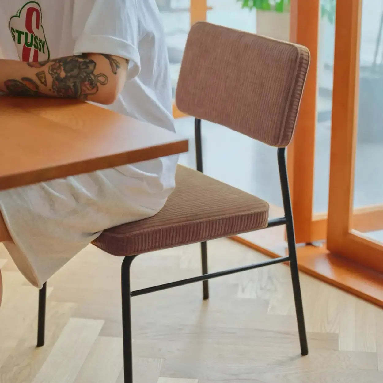 Mid-Century Brown Corduroy Upholstered Dining Chair