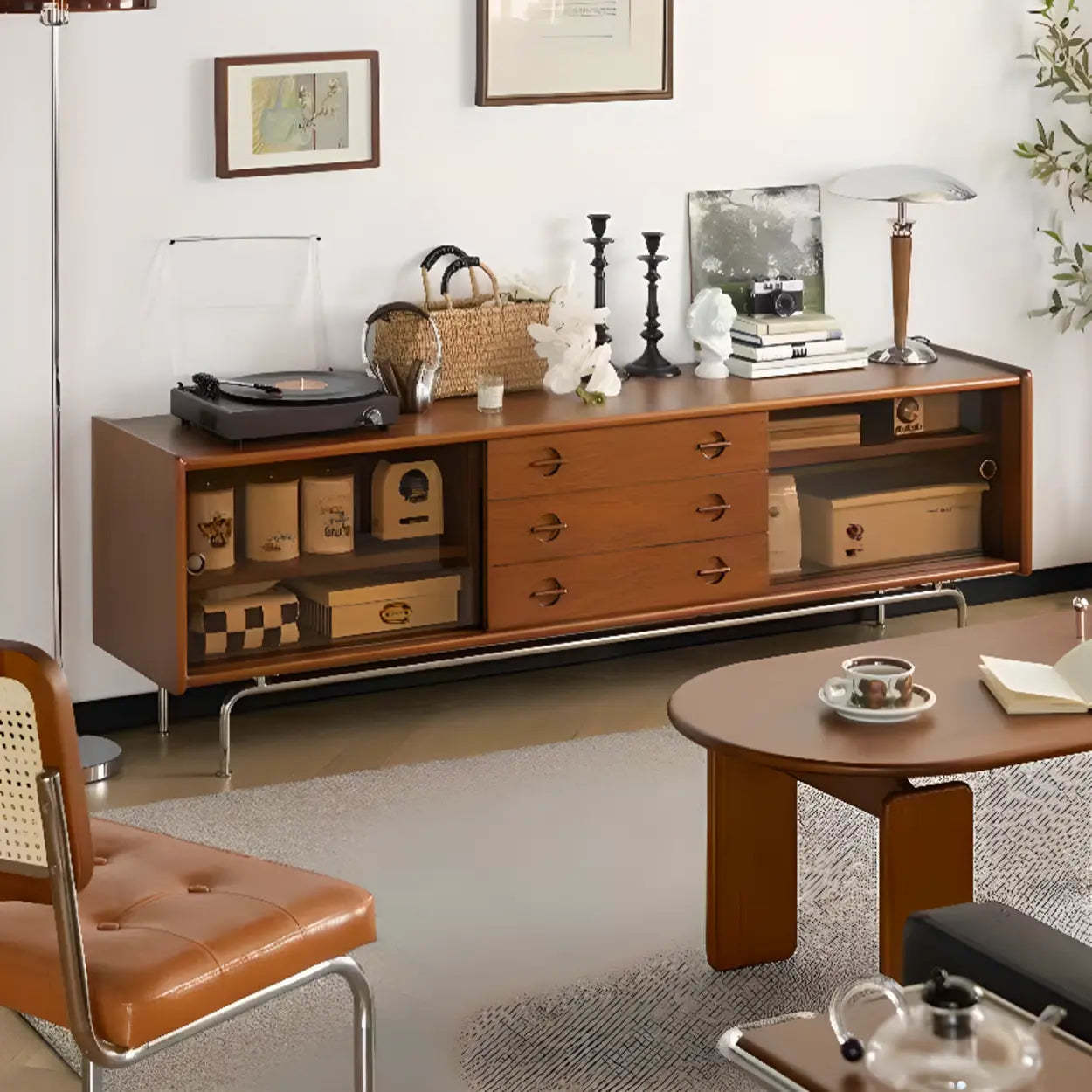 Mid-Century Modern Brown Drawer TV Stand
