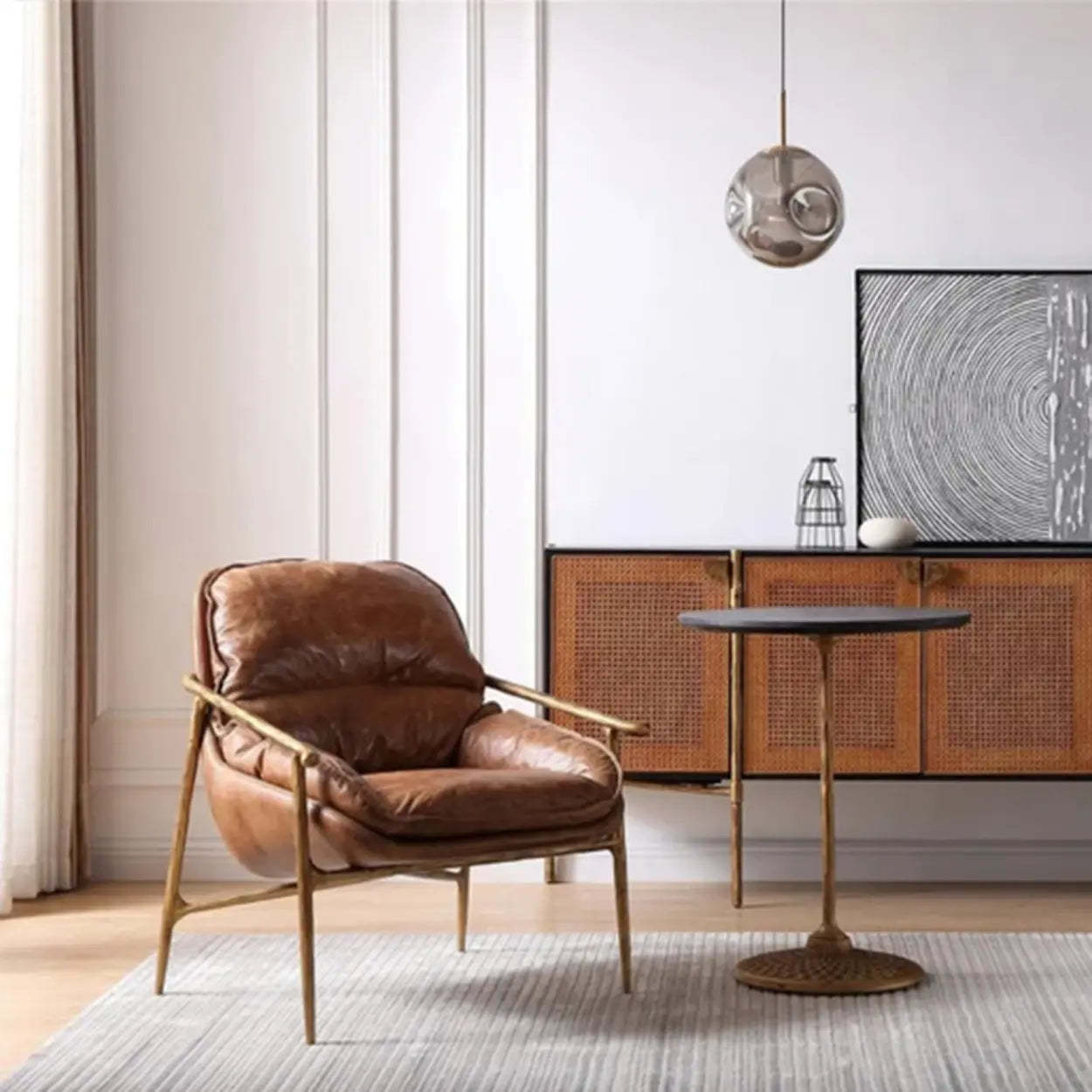 Mid-Century Brown Leather Arm Accent Chair — Green / Eco-Friendly Waxed Leather