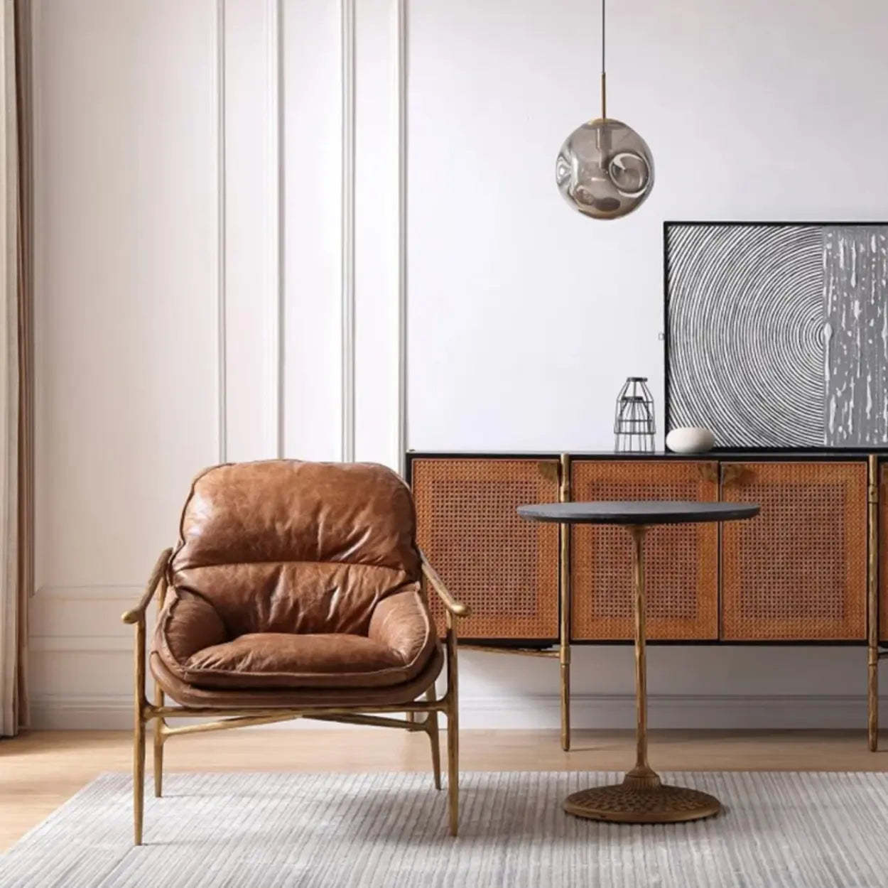 Mid-Century Brown Leather Arm Accent Chair — Green / Top-Grain Waxed Leather