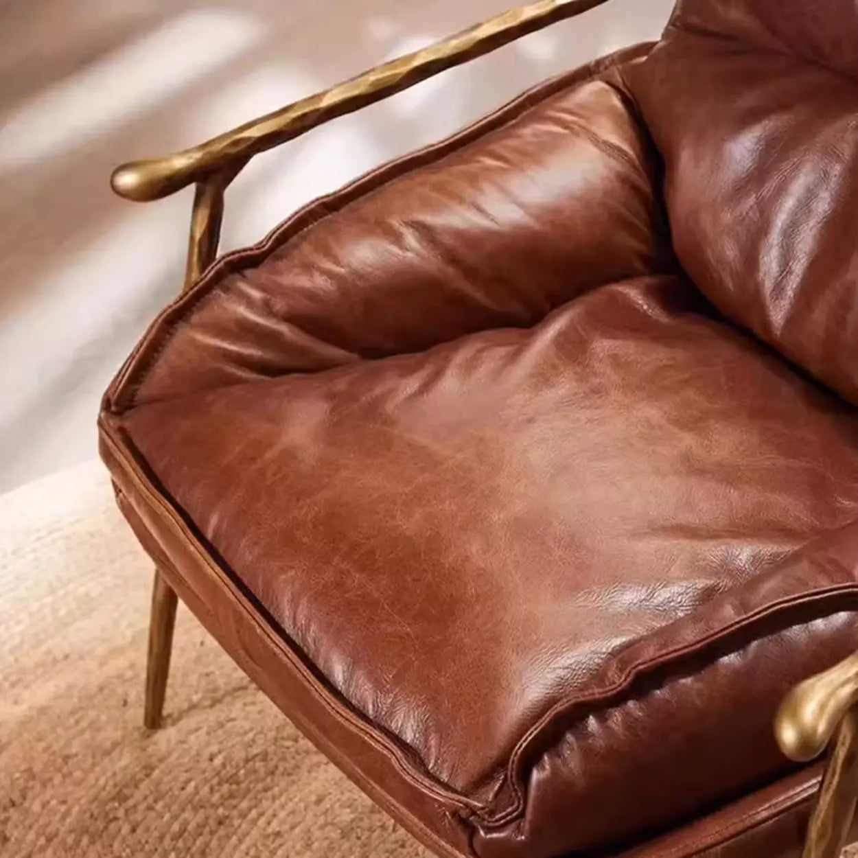 Mid-Century Brown Leather Arm Accent Chair — Orange / Top-Grain Waxed Leather
