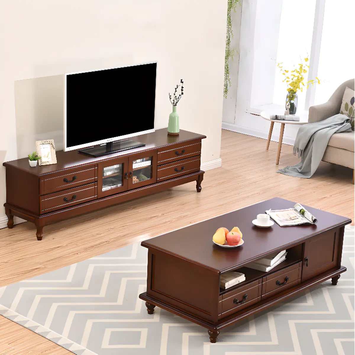 Mid-Century Brown Wood TV Stand with Drawers