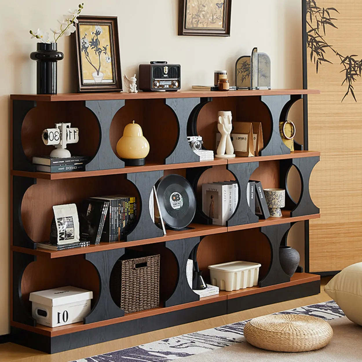 Mid-Century Closed-Back Brown Wood Bookshelf