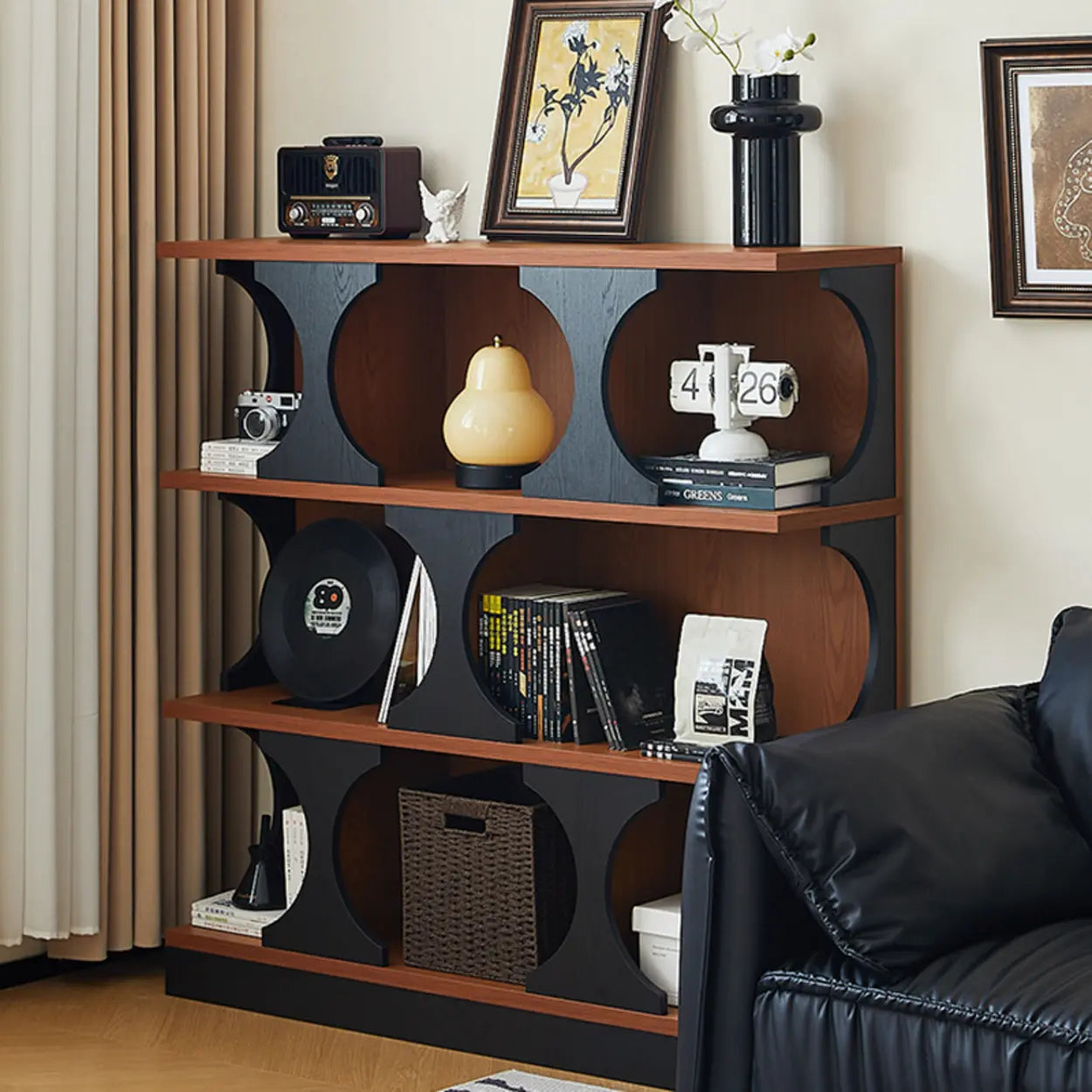 Mid-Century Closed-Back Brown Wood Bookshelf