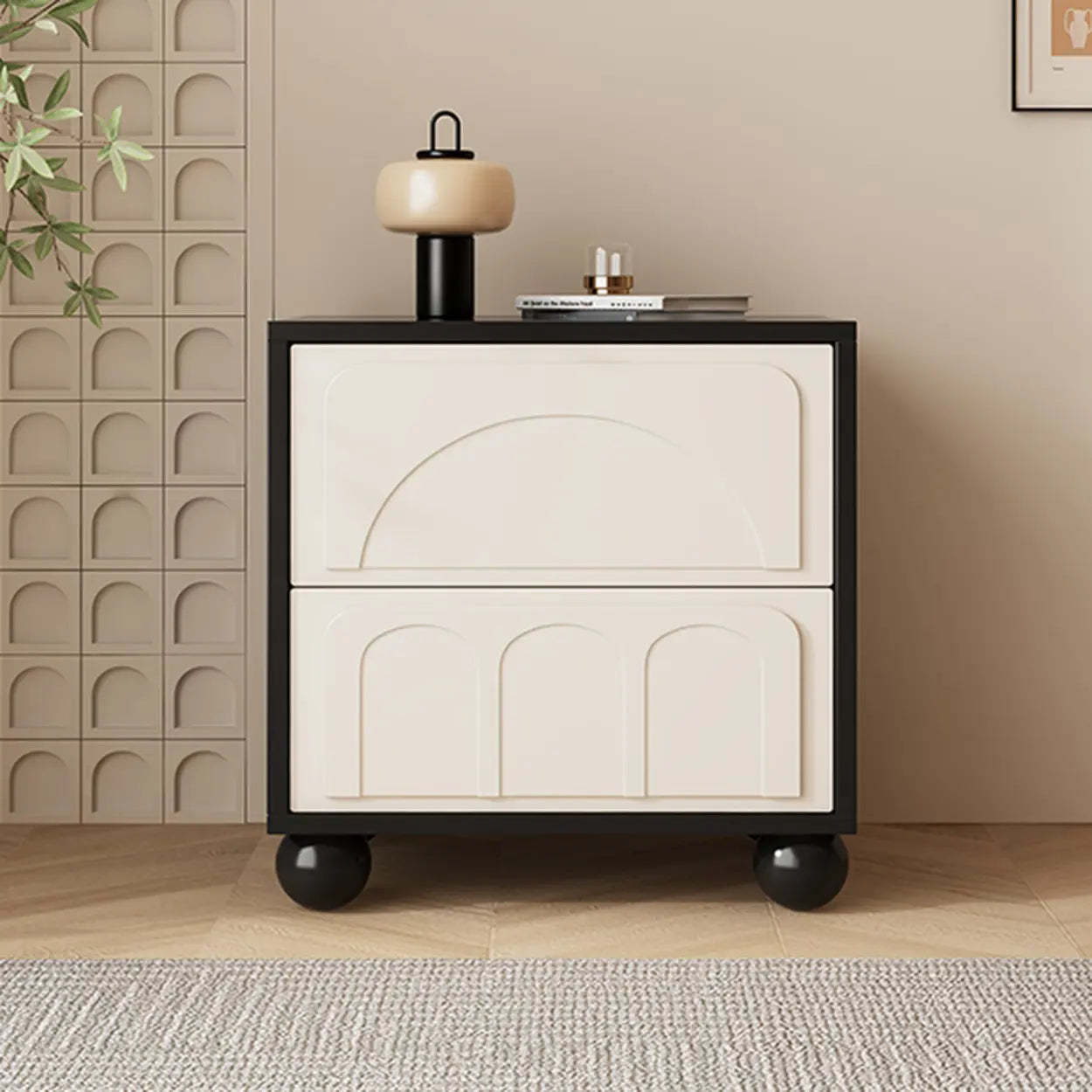 Mid-Century Cream Black Nightstand with Drawers