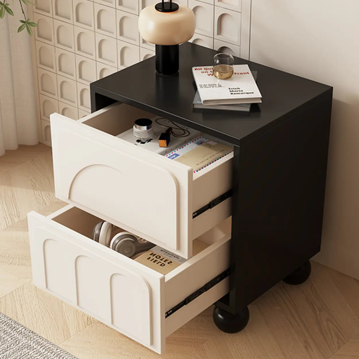Mid-Century Cream Black Nightstand with Drawers