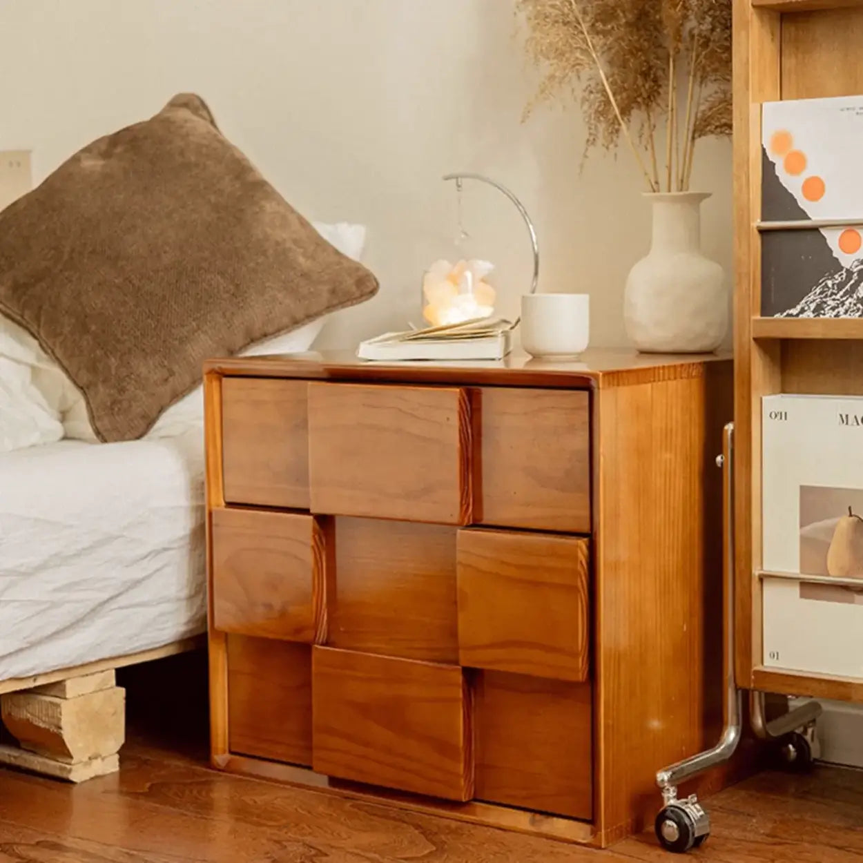 Mid-Century Cube Wood 2-Drawer Nightstand — Cherry Wood Color