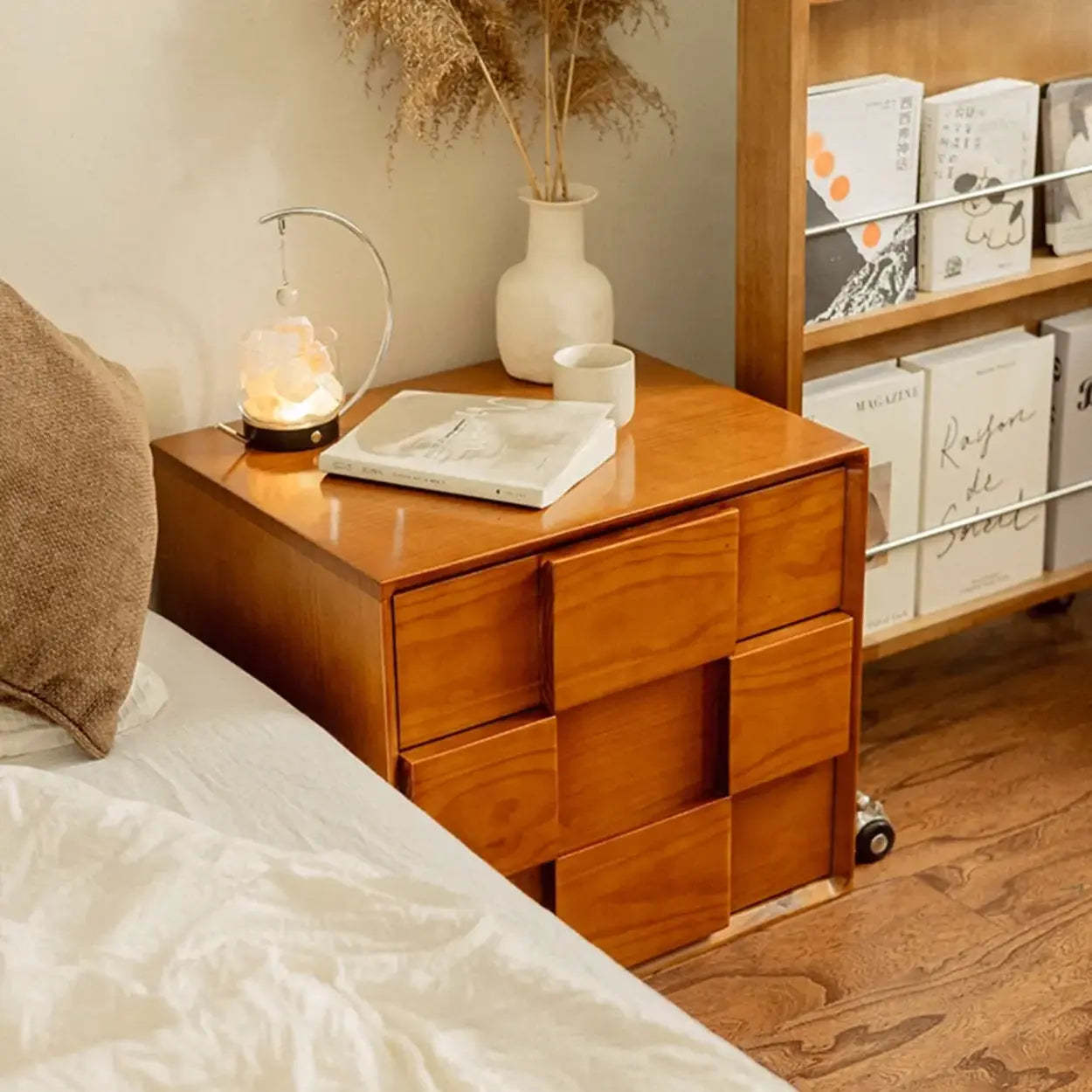 Mid-Century Cube Wood 2-Drawer Nightstand