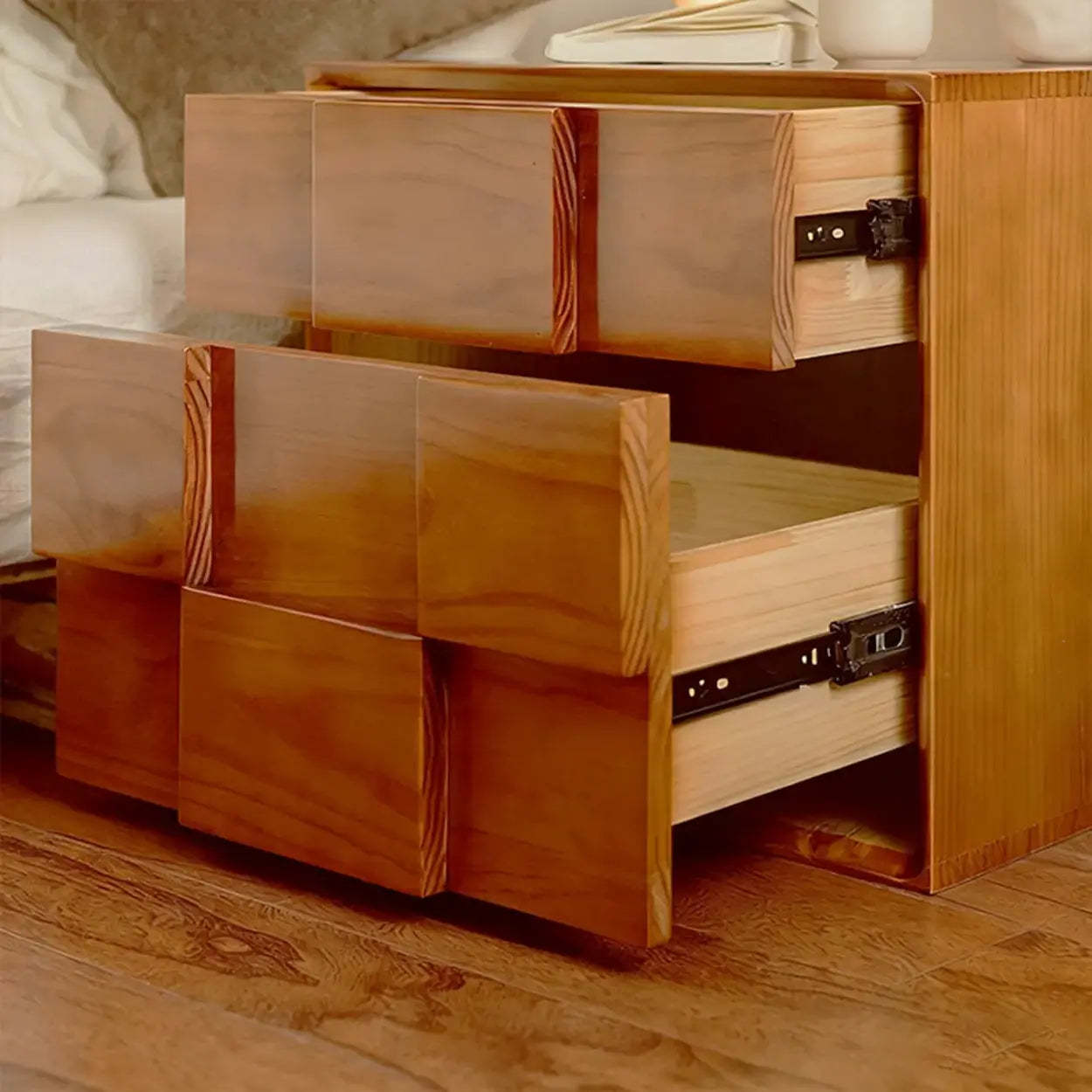 Mid-Century Cube Wood 2-Drawer Nightstand