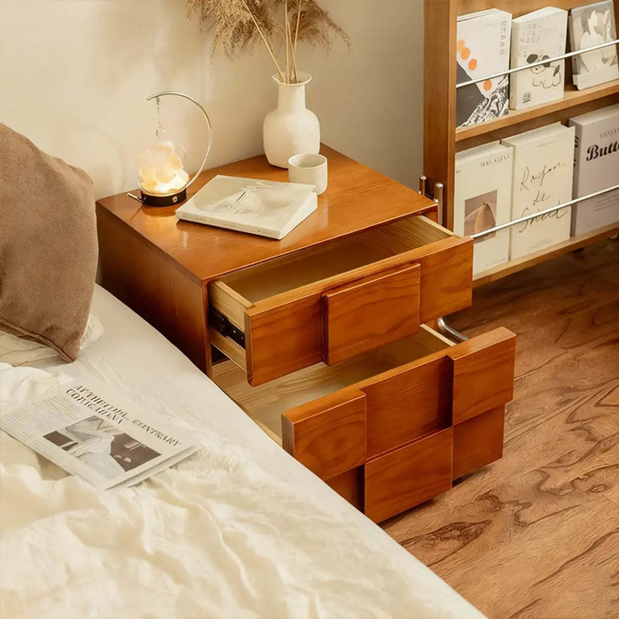Mid-Century Cube Wood 2-Drawer Nightstand