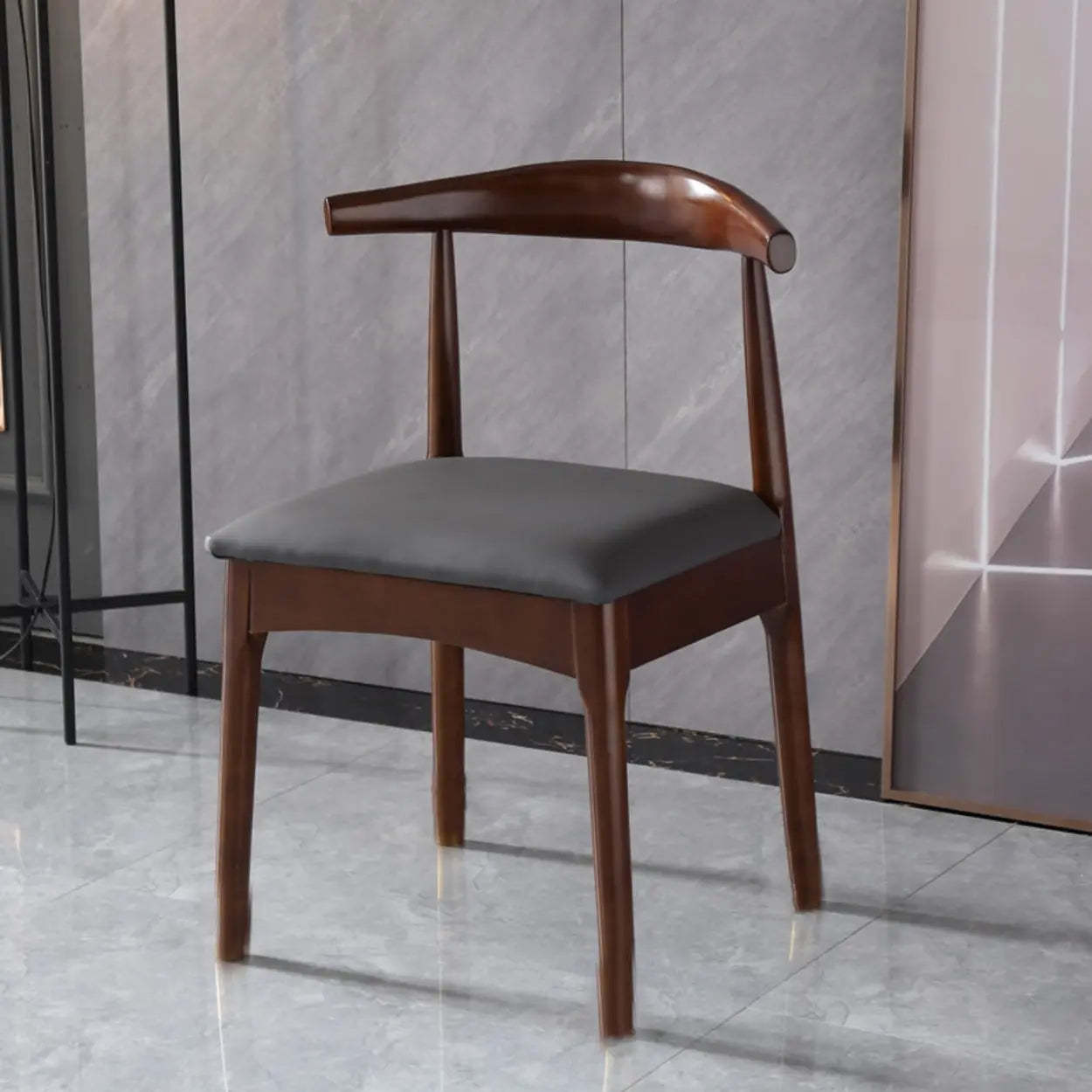 Mid-Century Cushion Wood Curved Back Dining Chair — Walnut/Dark Gray Leather