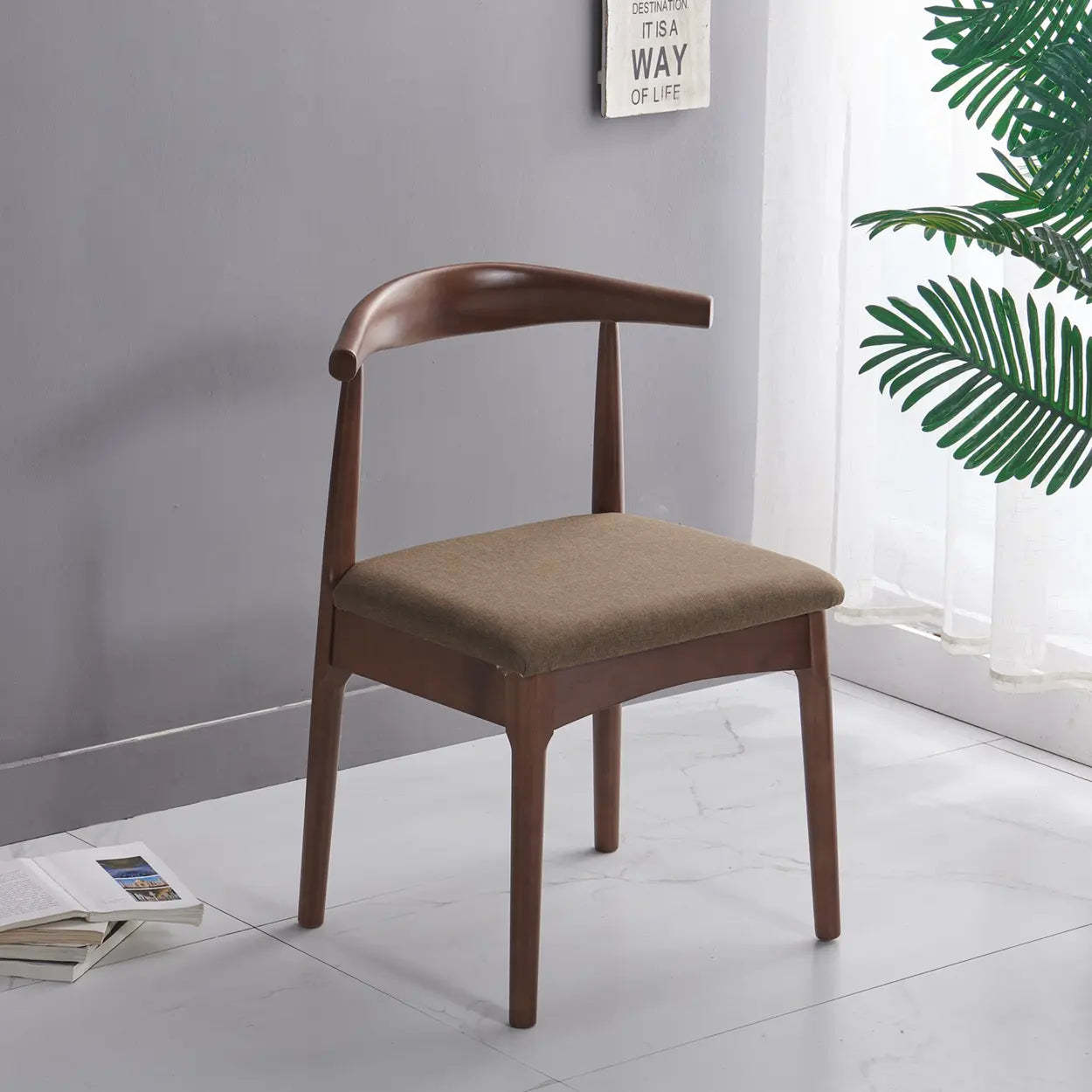 Mid-Century Cushion Wood Curved Back Dining Chair — Walnut/Coffee Fabric
