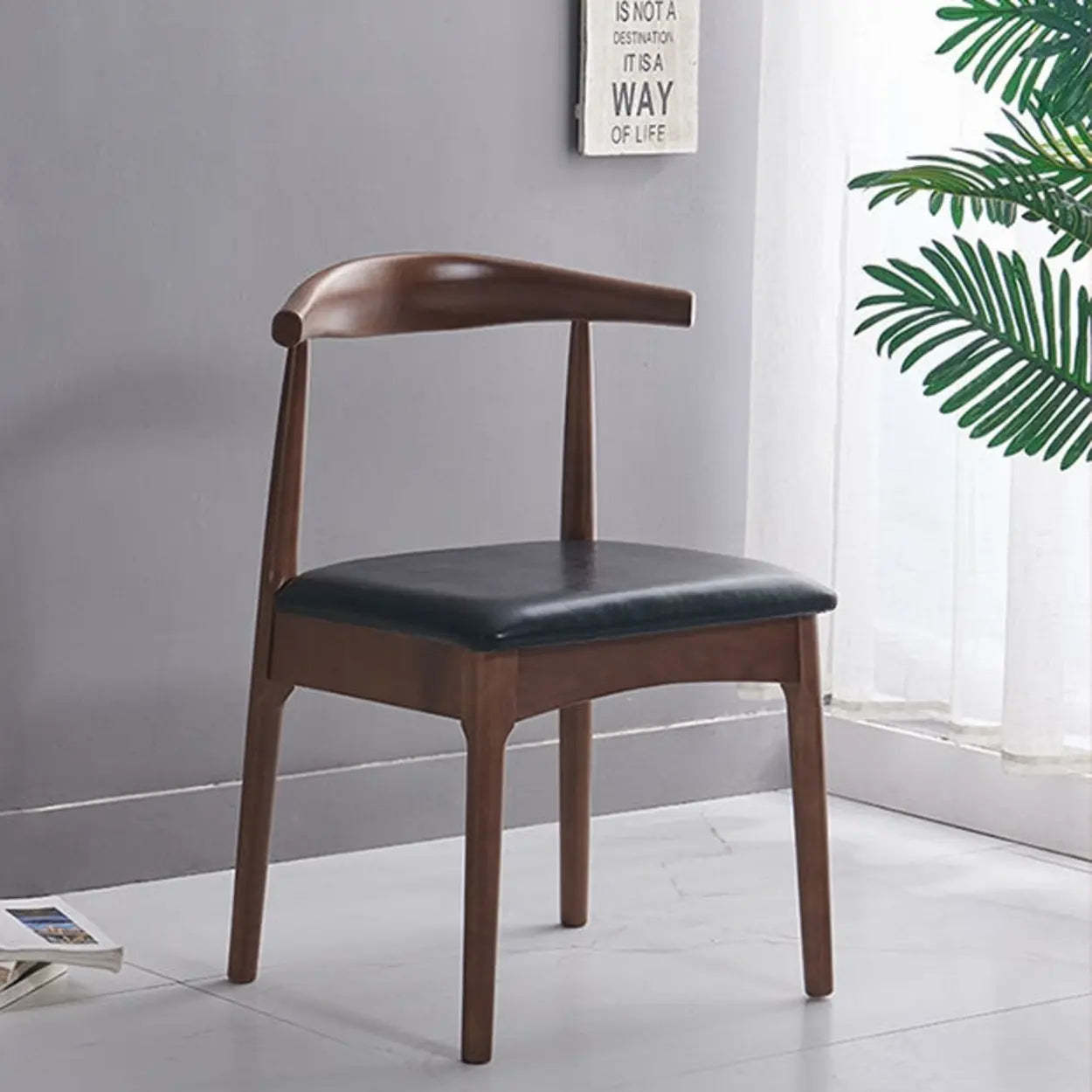 Mid-Century Cushion Wood Curved Back Dining Chair — Walnut/Black Leather