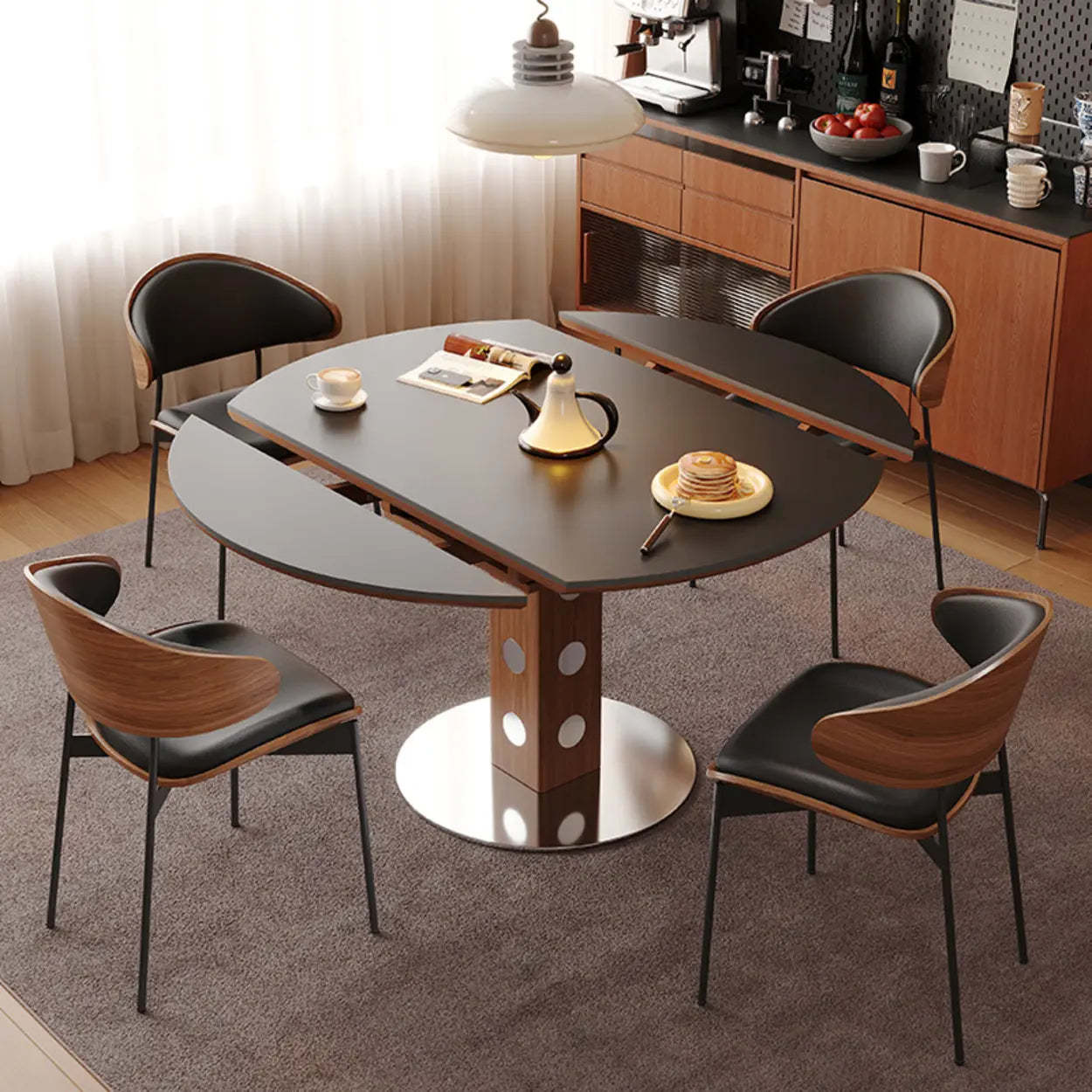 Mid-Century Extendable Round Stone Top Dining Table — Table Only