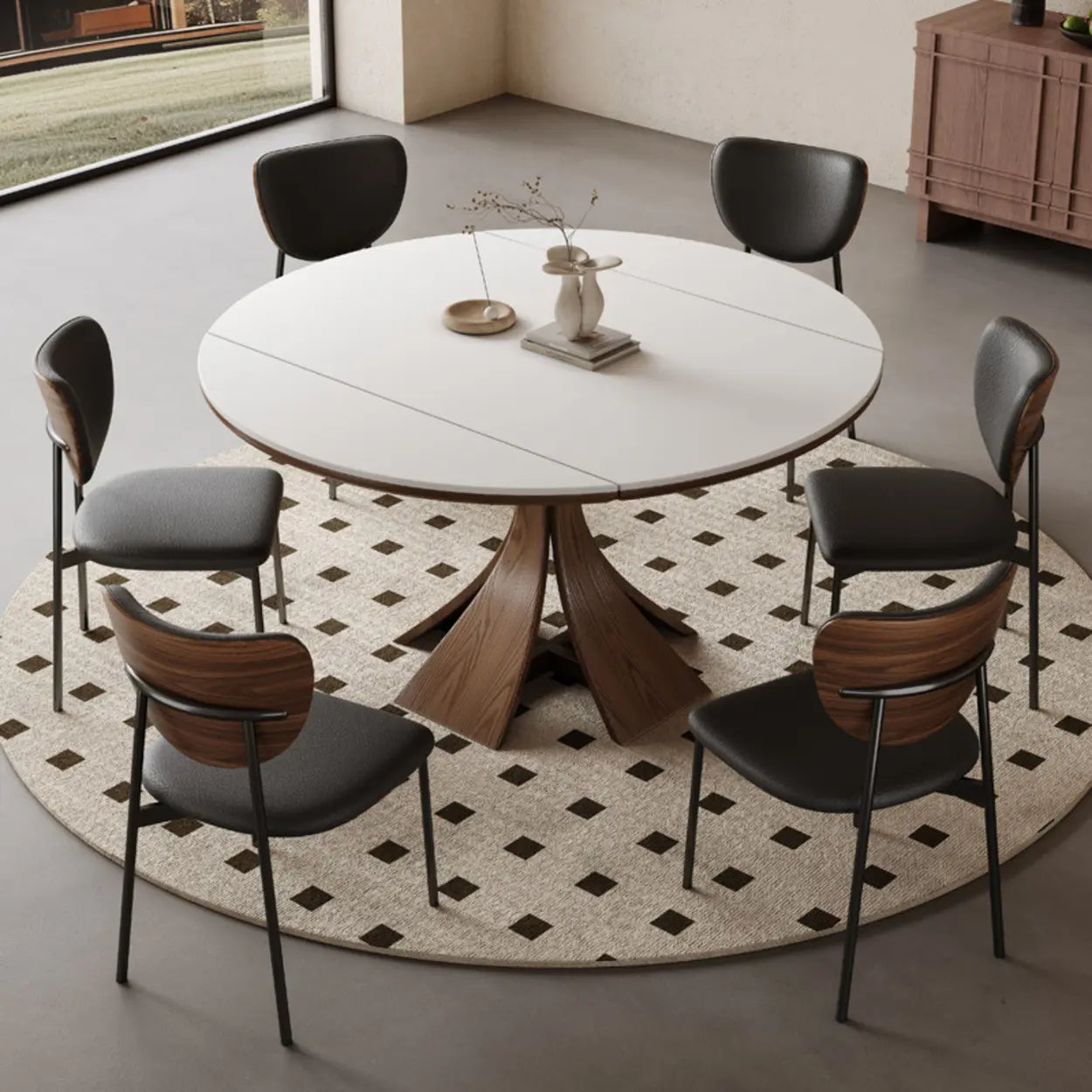 Mid-Century Extendable Round White Stone Dining Table