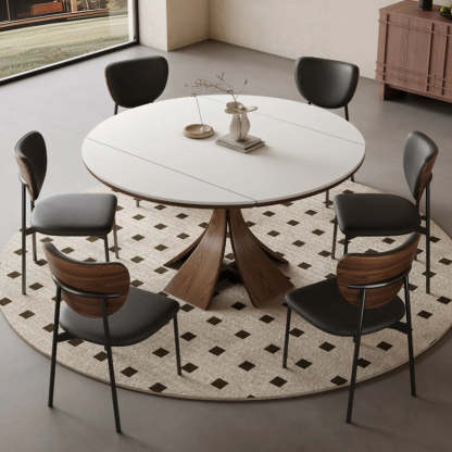 Mid-Century Extendable Round White Stone Dining Table — Table Only