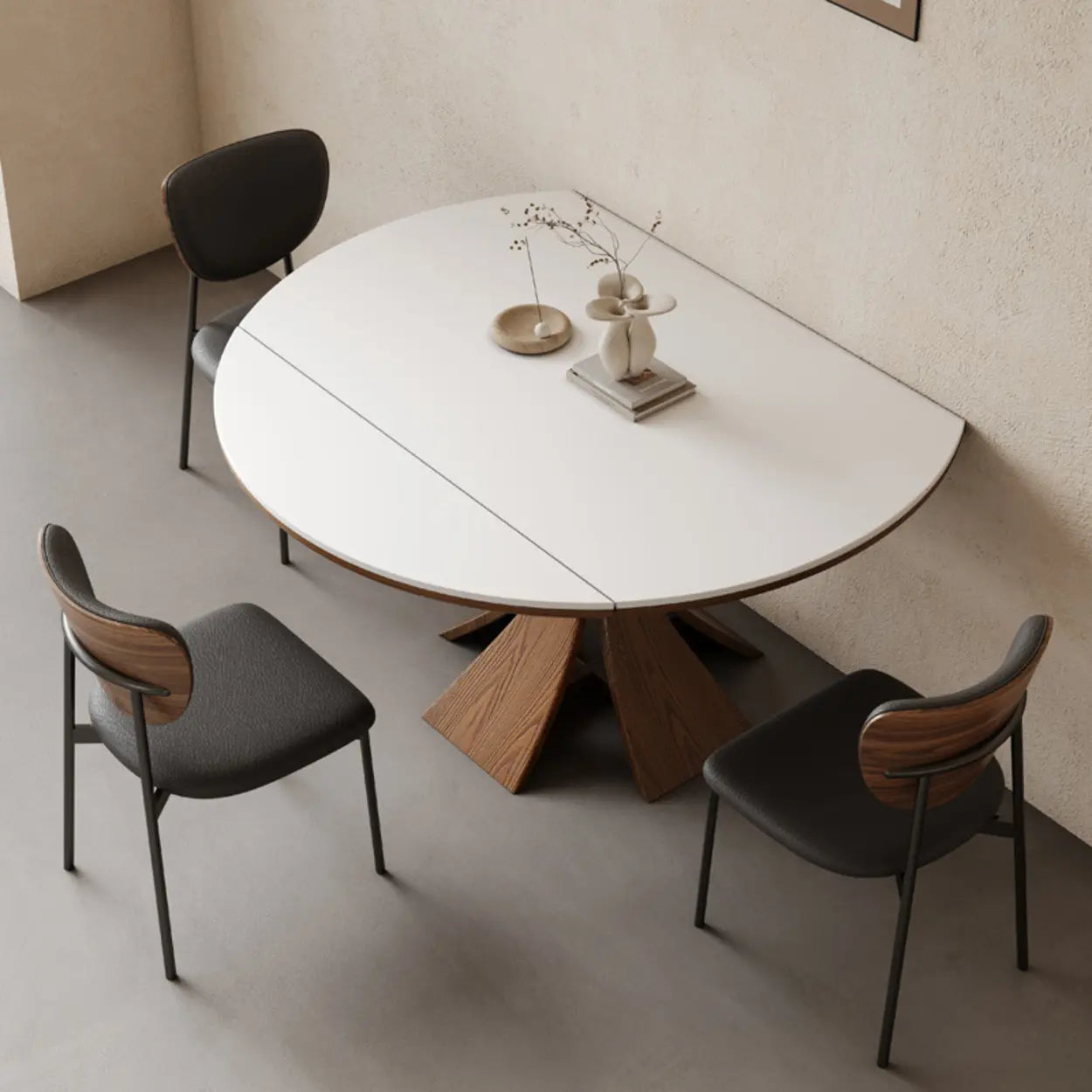 Mid-Century Extendable Round White Stone Dining Table — Table Only