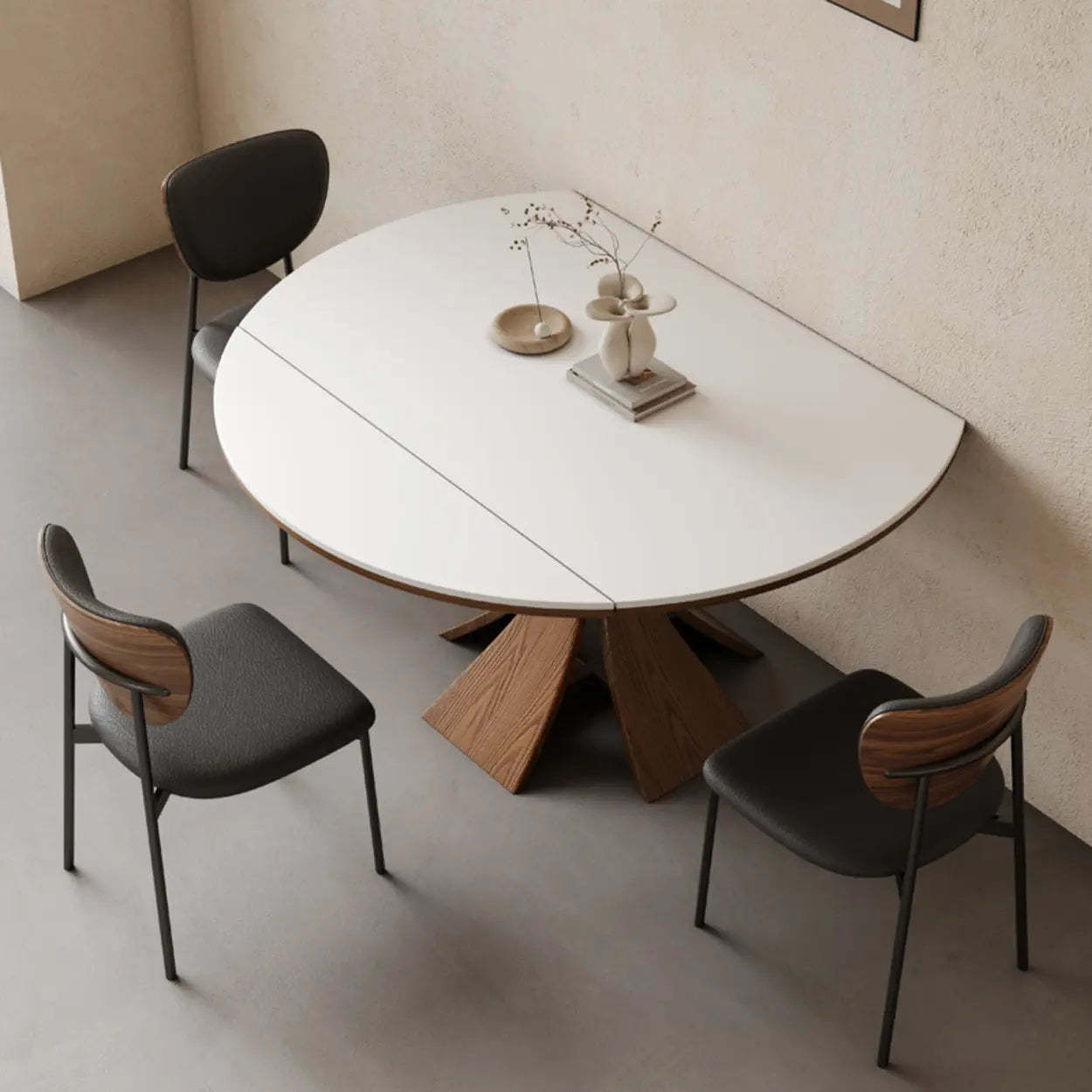 Mid-Century Extendable Round White Stone Dining Table — Table Only