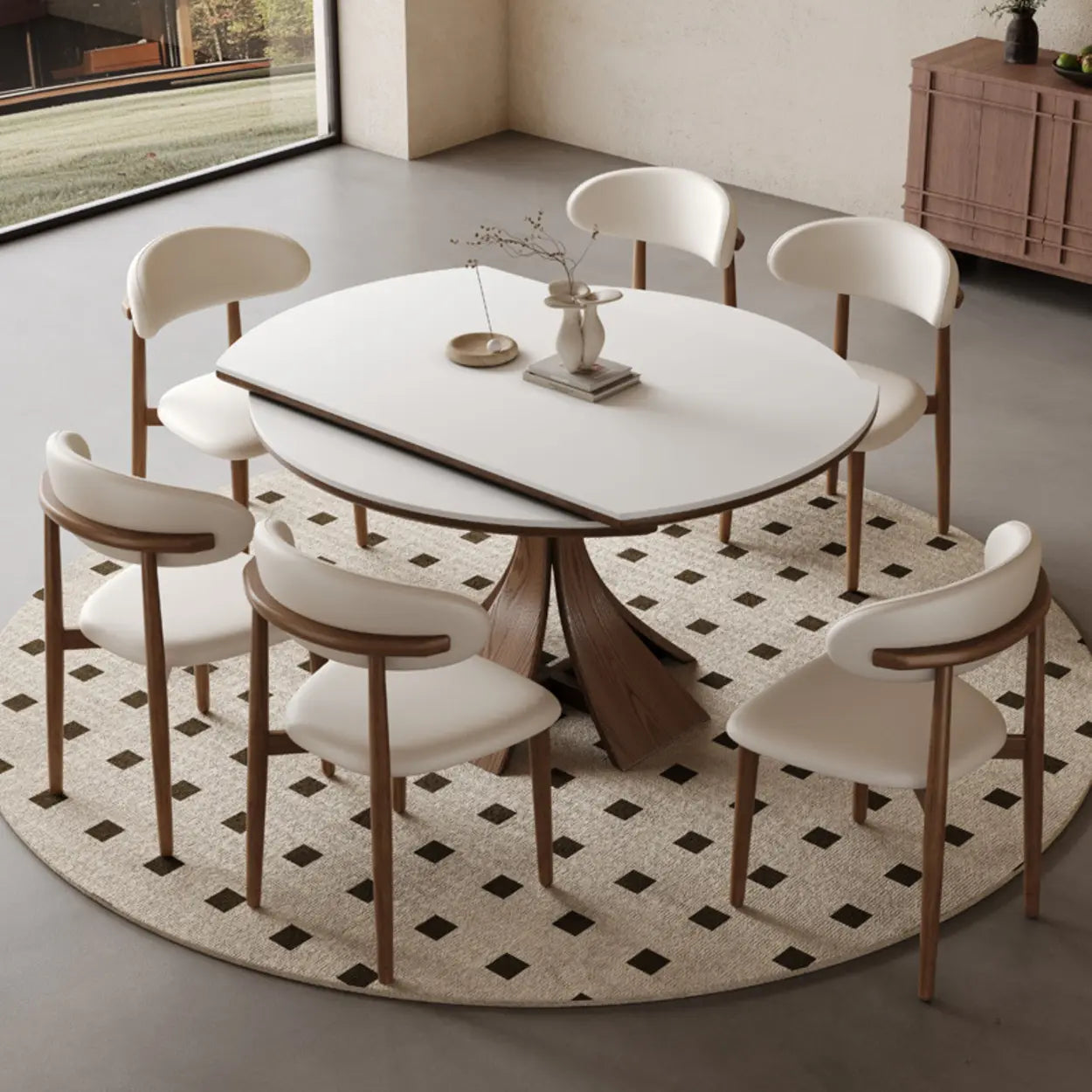 Mid-Century Extendable Round White Stone Dining Table — Table Only