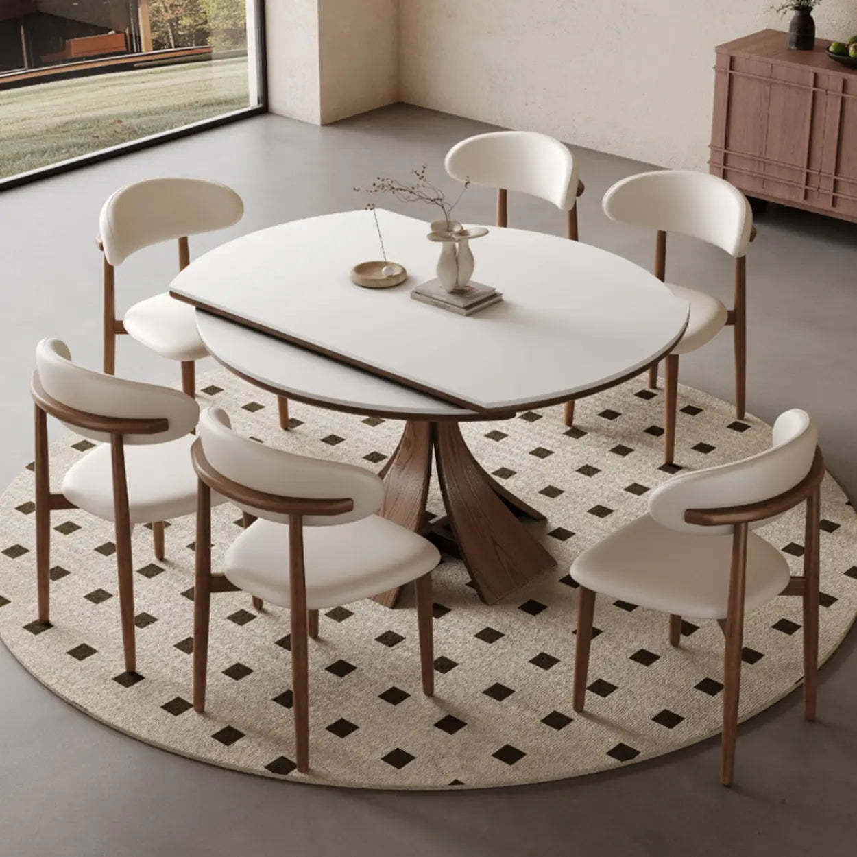 Mid-Century Extendable Round White Stone Dining Table — Table Only