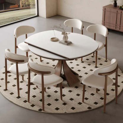 Mid-Century Extendable Round White Stone Dining Table — Table Only