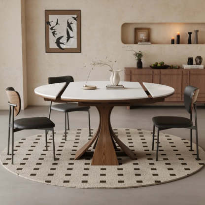 Mid-Century Extendable Round White Stone Dining Table