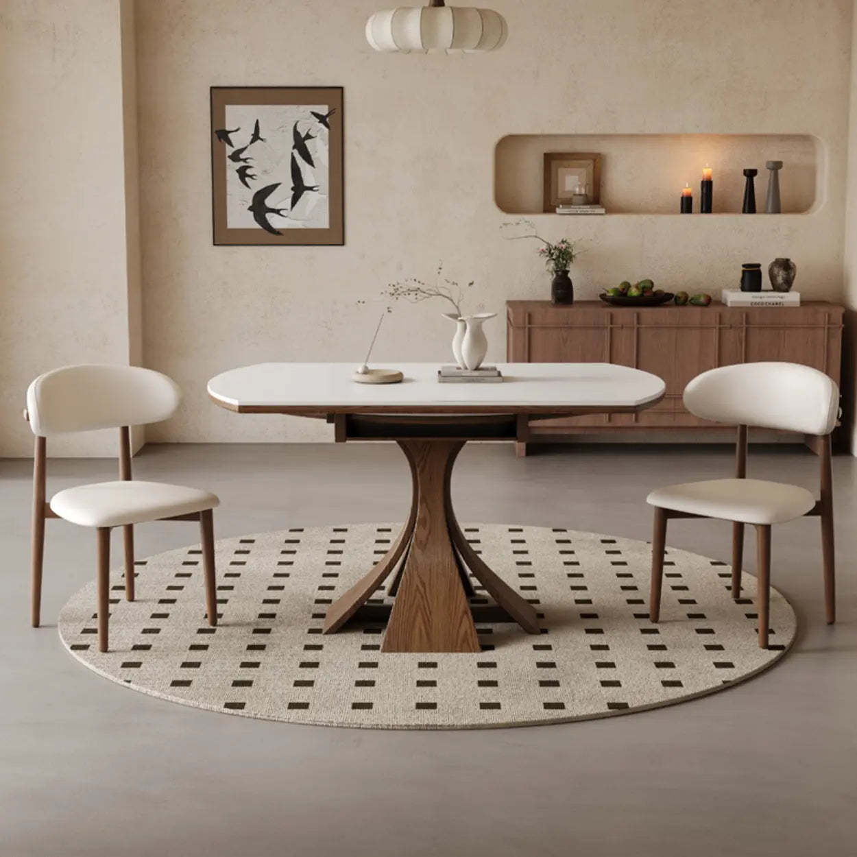 Mid-Century Extendable Round White Stone Dining Table