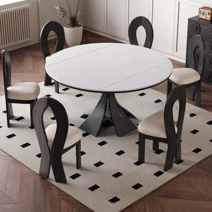 Mid-Century Extendable White Stone Round Dining Table — Table Only