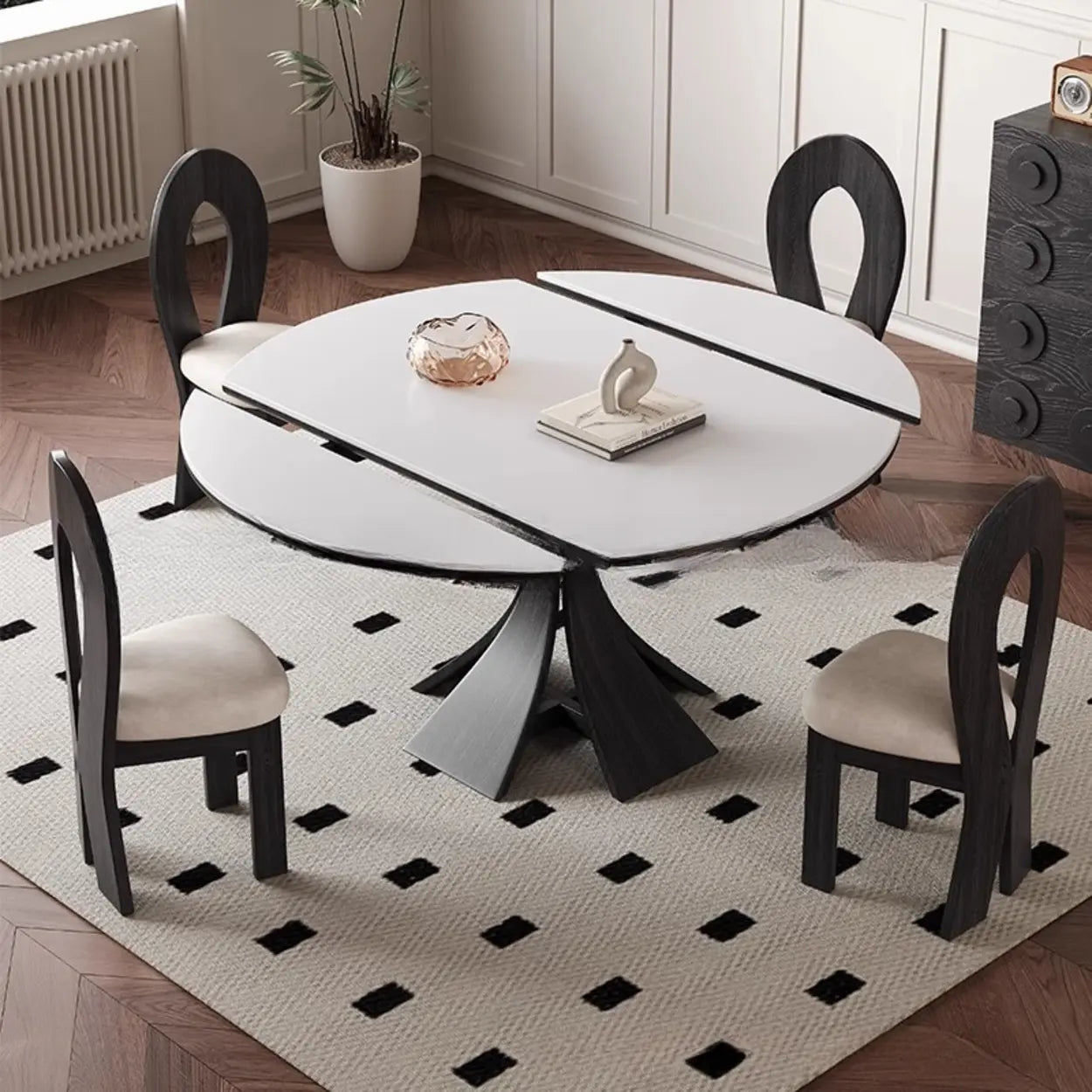 Mid-Century Extendable White Stone Round Dining Table — Table Only