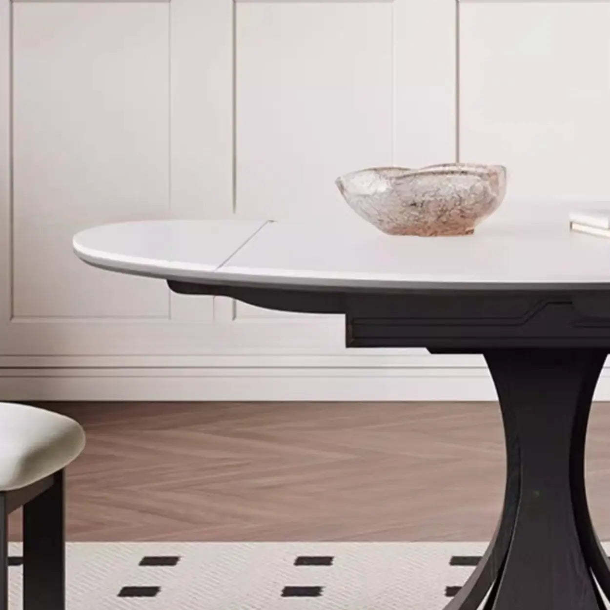 Mid-Century Extendable White Stone Round Dining Table