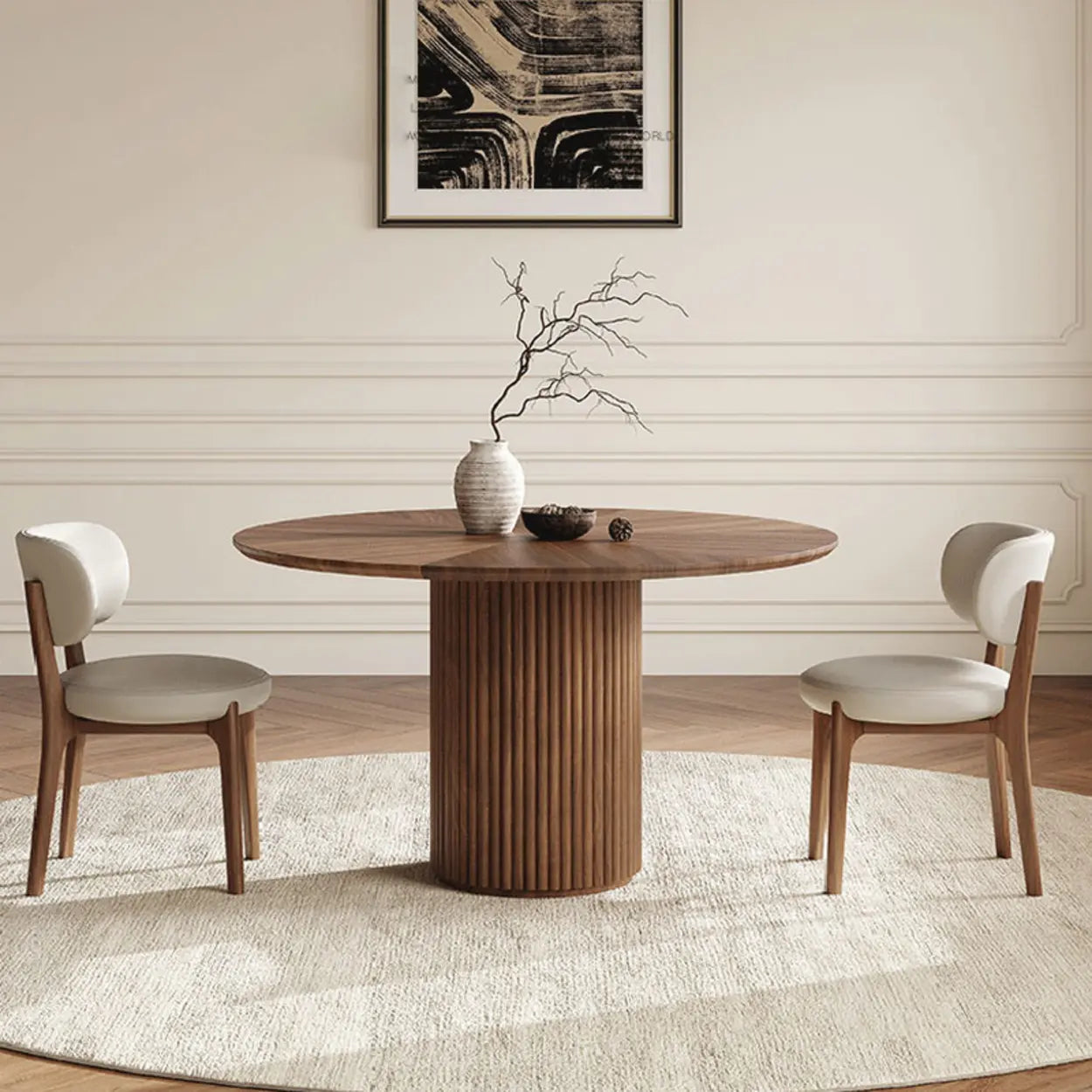 Mid-Century Fluted Round Wood Pedestal Dining Table