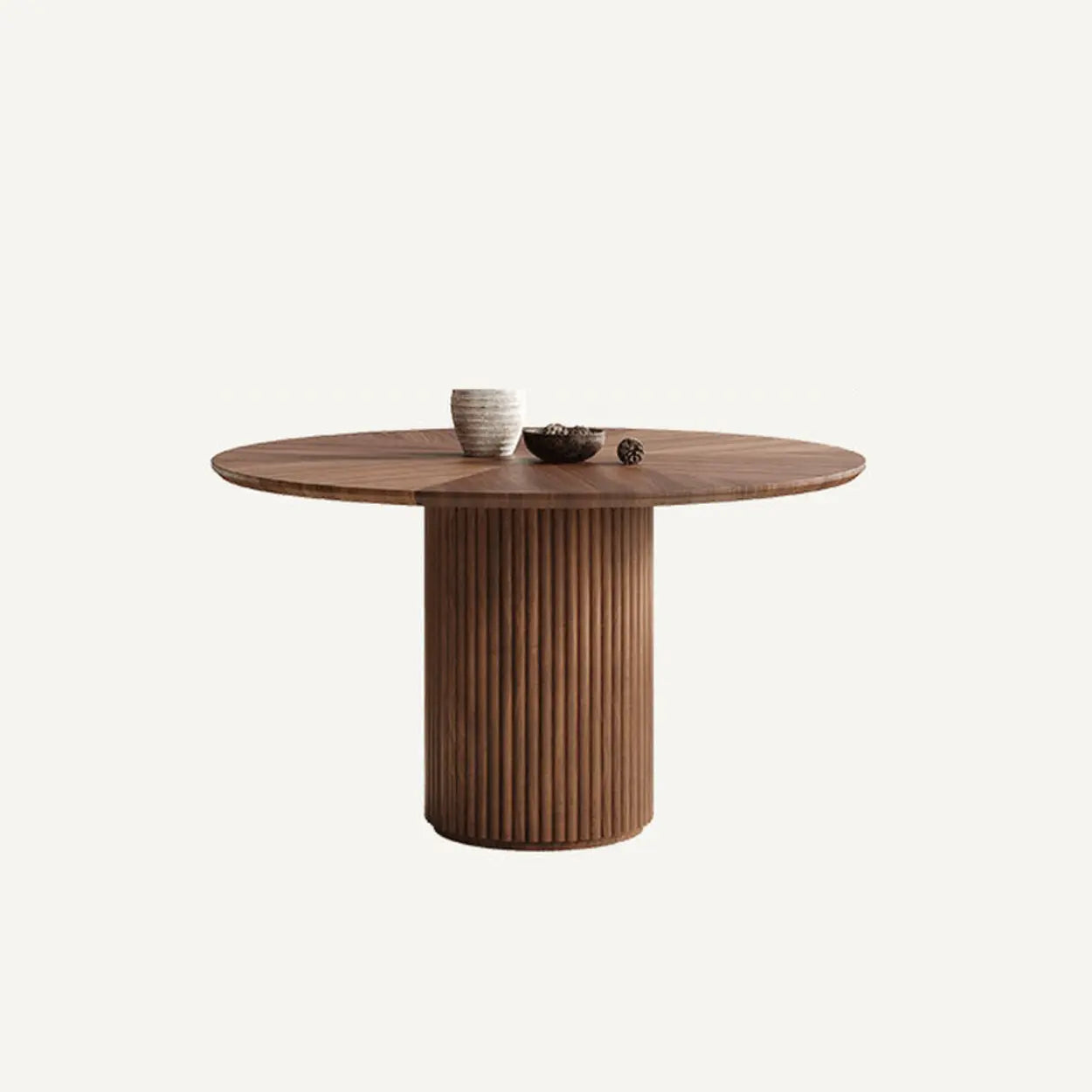Mid-Century Fluted Round Wood Pedestal Dining Table — Table Only