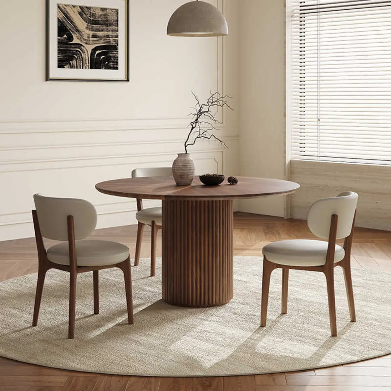 Mid-Century Fluted Round Wood Pedestal Dining Table — Table Only