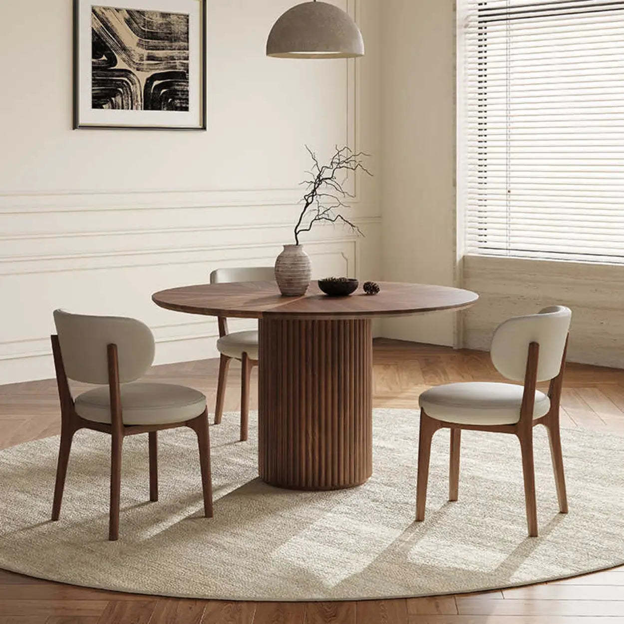 Mid-Century Fluted Round Wood Pedestal Dining Table — Table Only