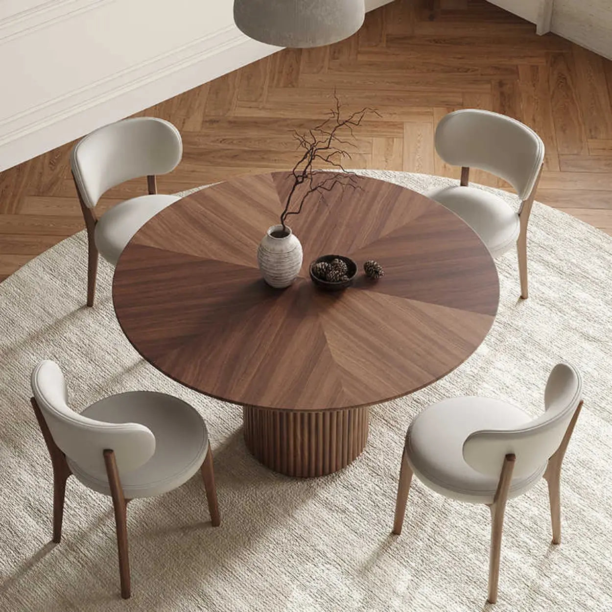 Mid-Century Fluted Round Wood Pedestal Dining Table — Table Only
