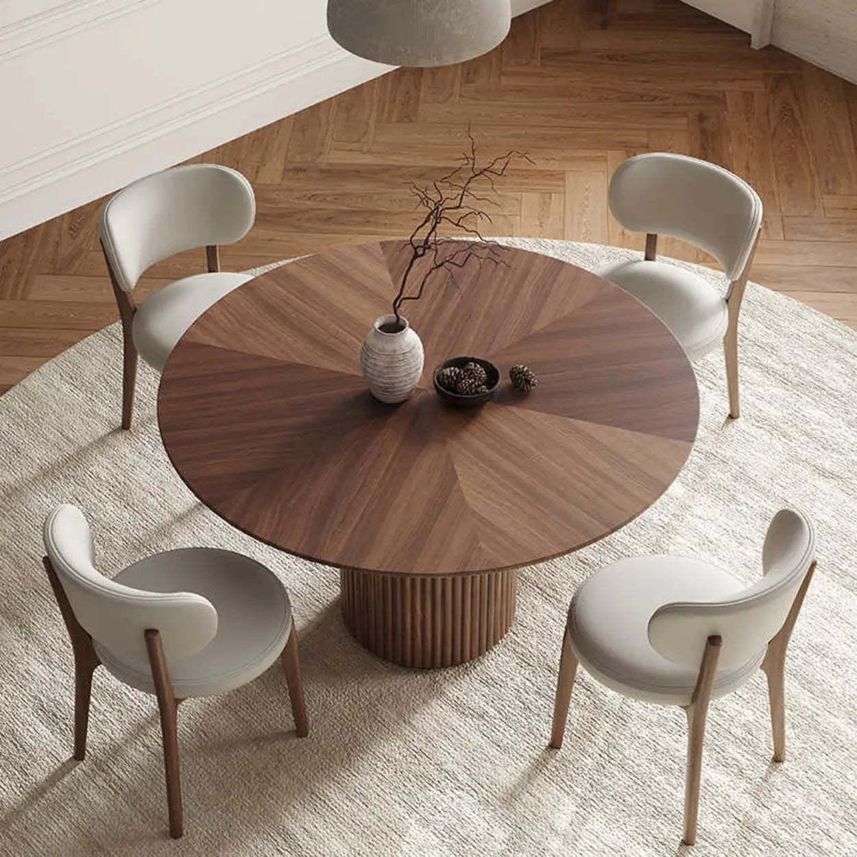Mid-Century Fluted Round Wood Pedestal Dining Table — Table Only